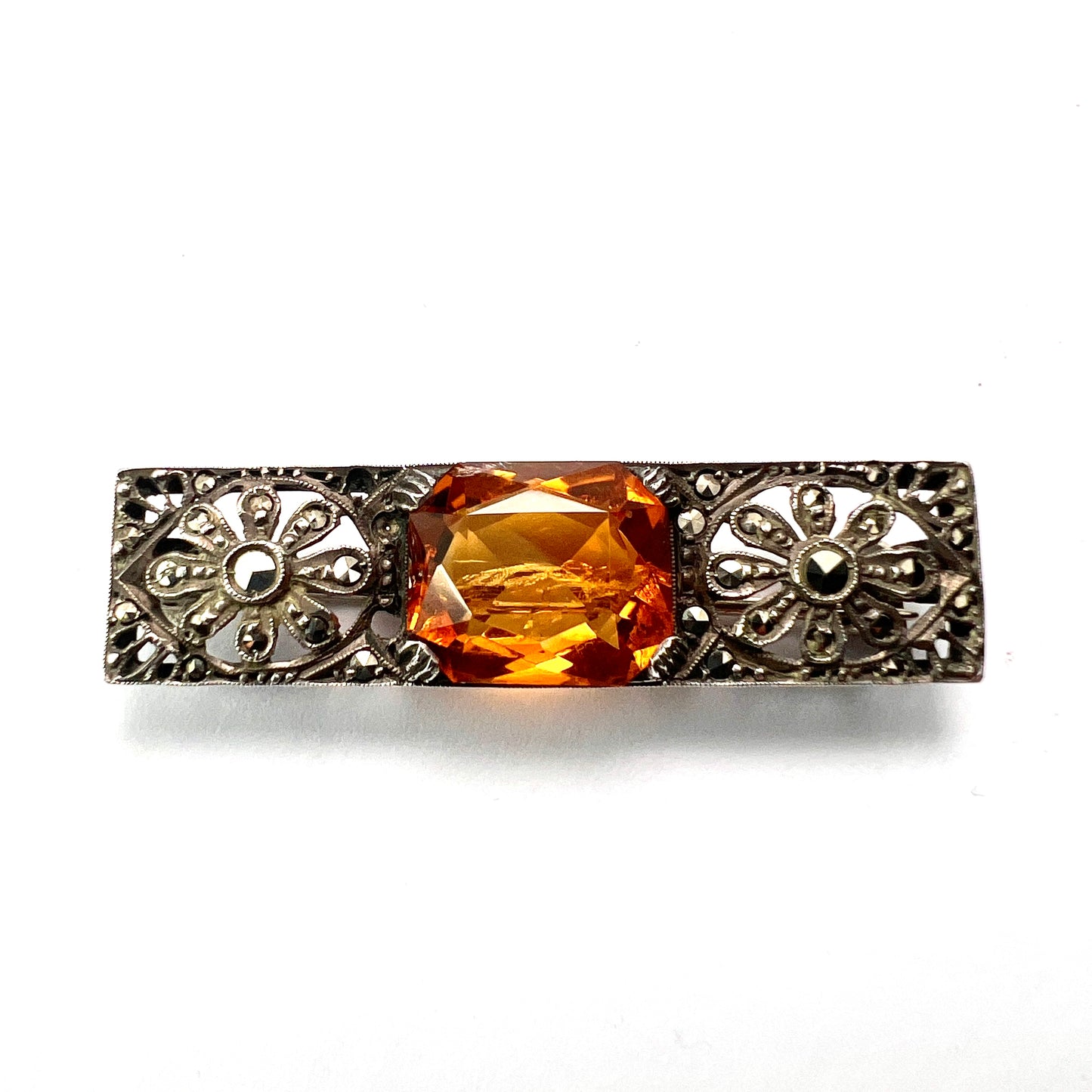 Edwardian Silver Citrine Marcasite Brooch