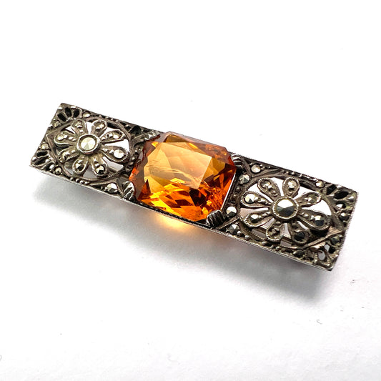 Edwardian Silver Citrine Marcasite Brooch
