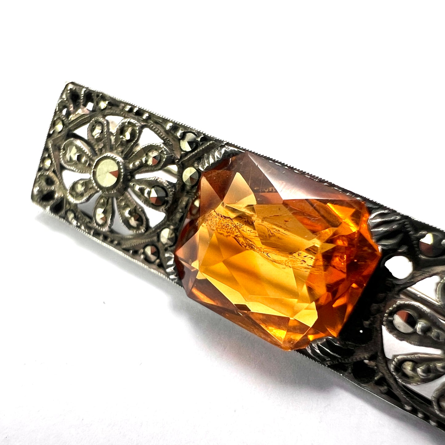 Edwardian Silver Citrine Marcasite Brooch