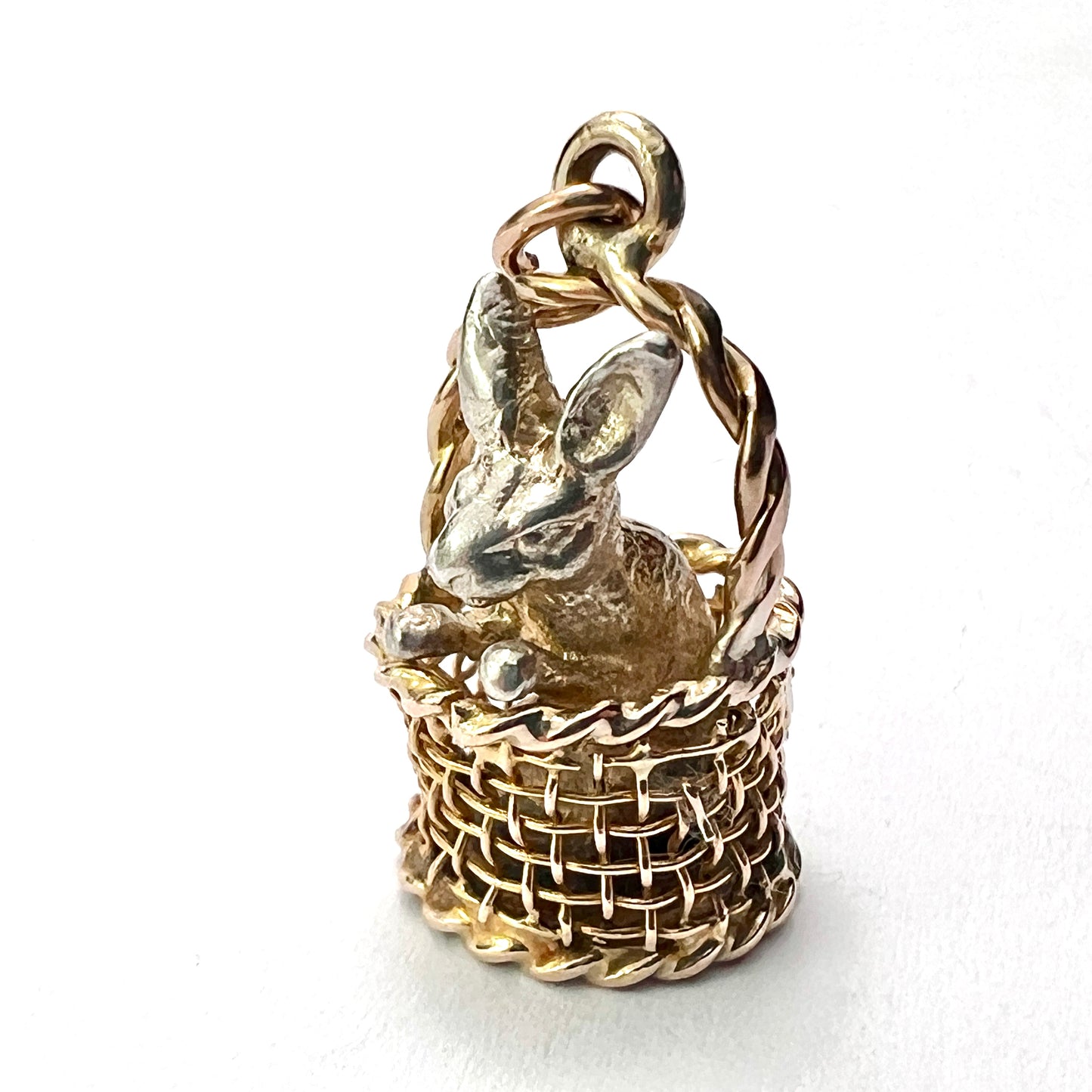 Vintage 9CT Gold and Silver Bunny in a Basket Charm Pendant