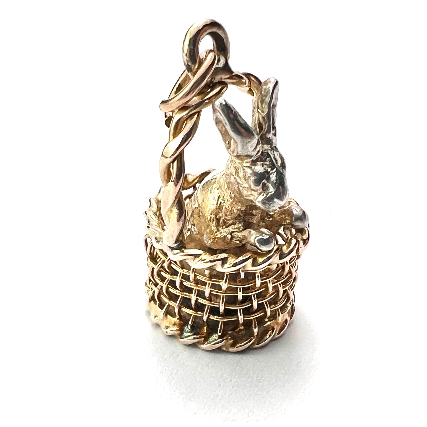 Vintage 9CT Gold and Silver Bunny in a Basket Charm Pendant