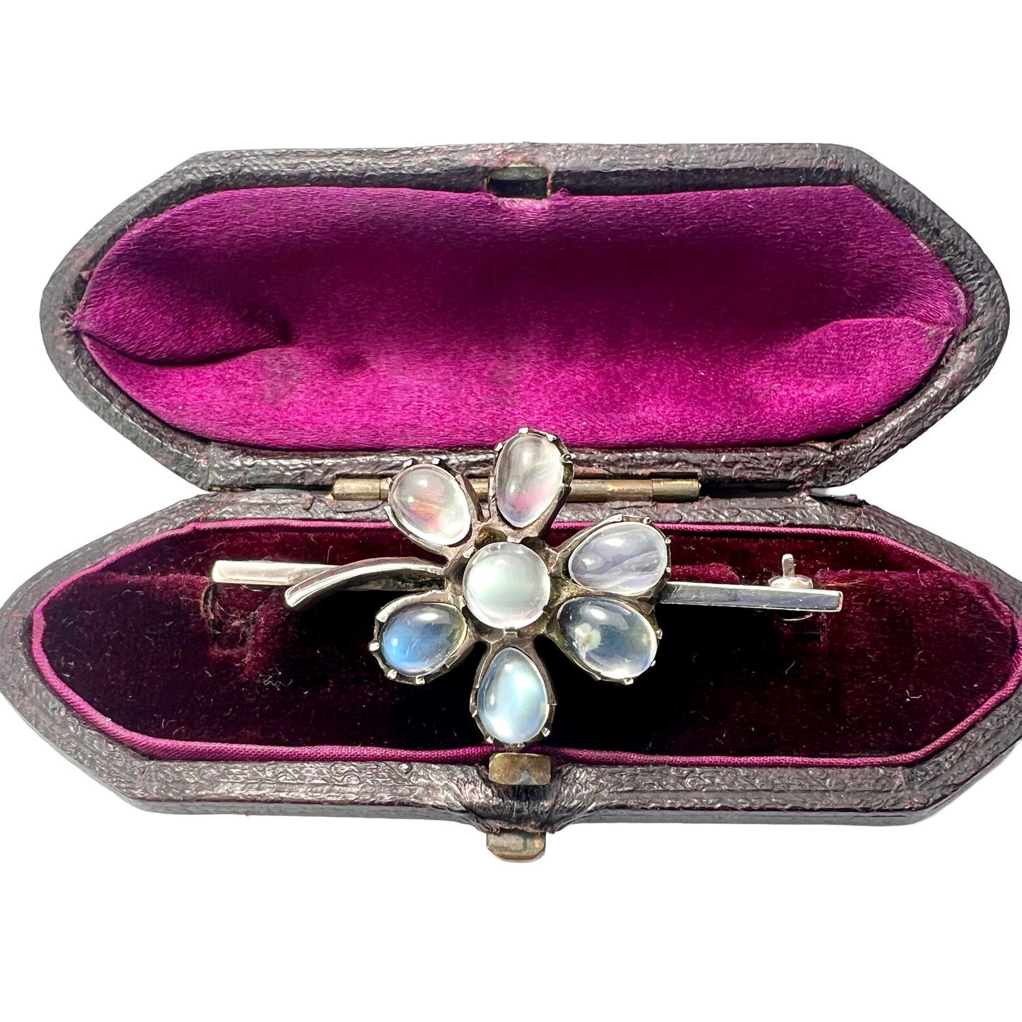 Antique Moonstone Silver Flower Brooch