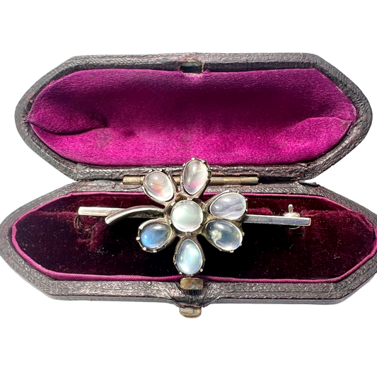 Antique Moonstone Silver Flower Brooch
