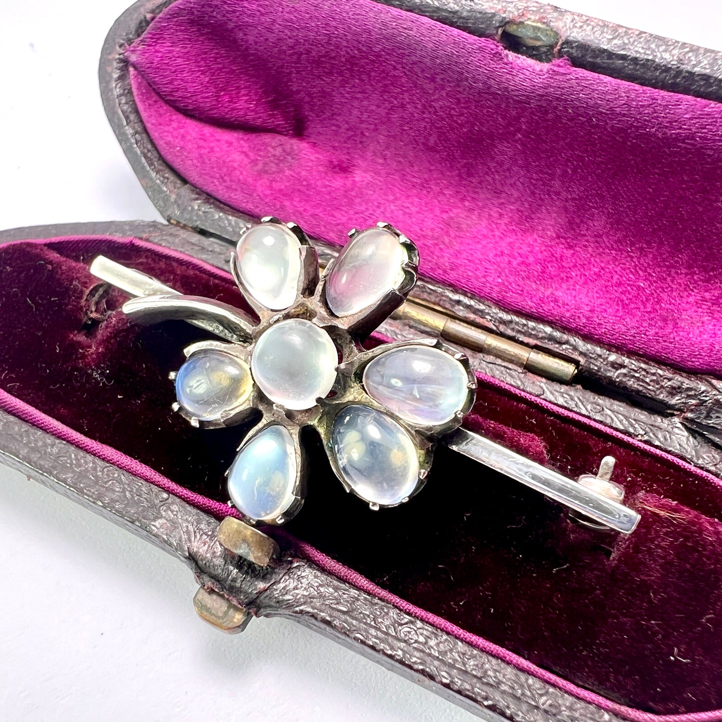 Antique Moonstone Silver Flower Brooch