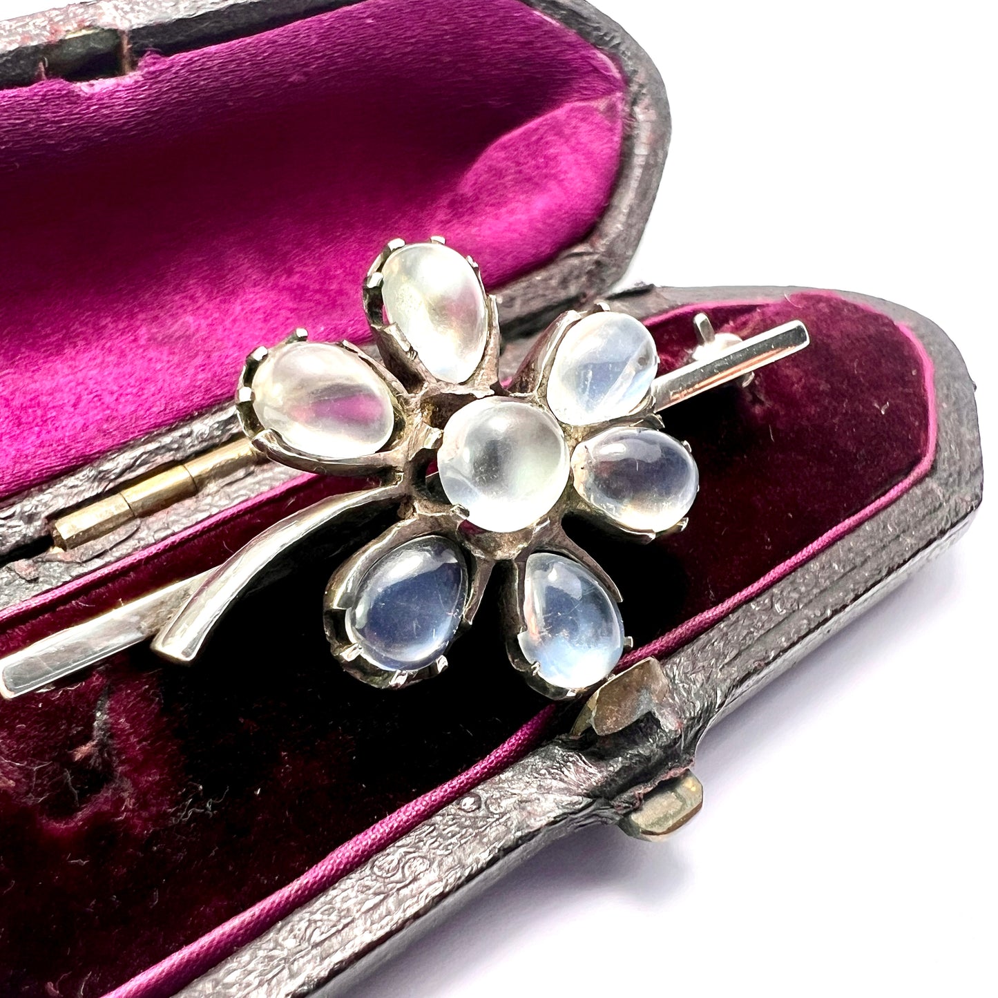 Antique Moonstone Silver Flower Brooch