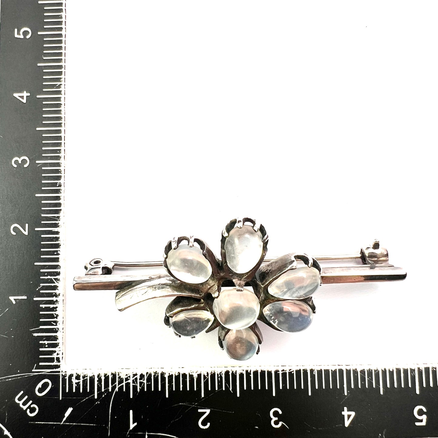 Antique Moonstone Silver Flower Brooch