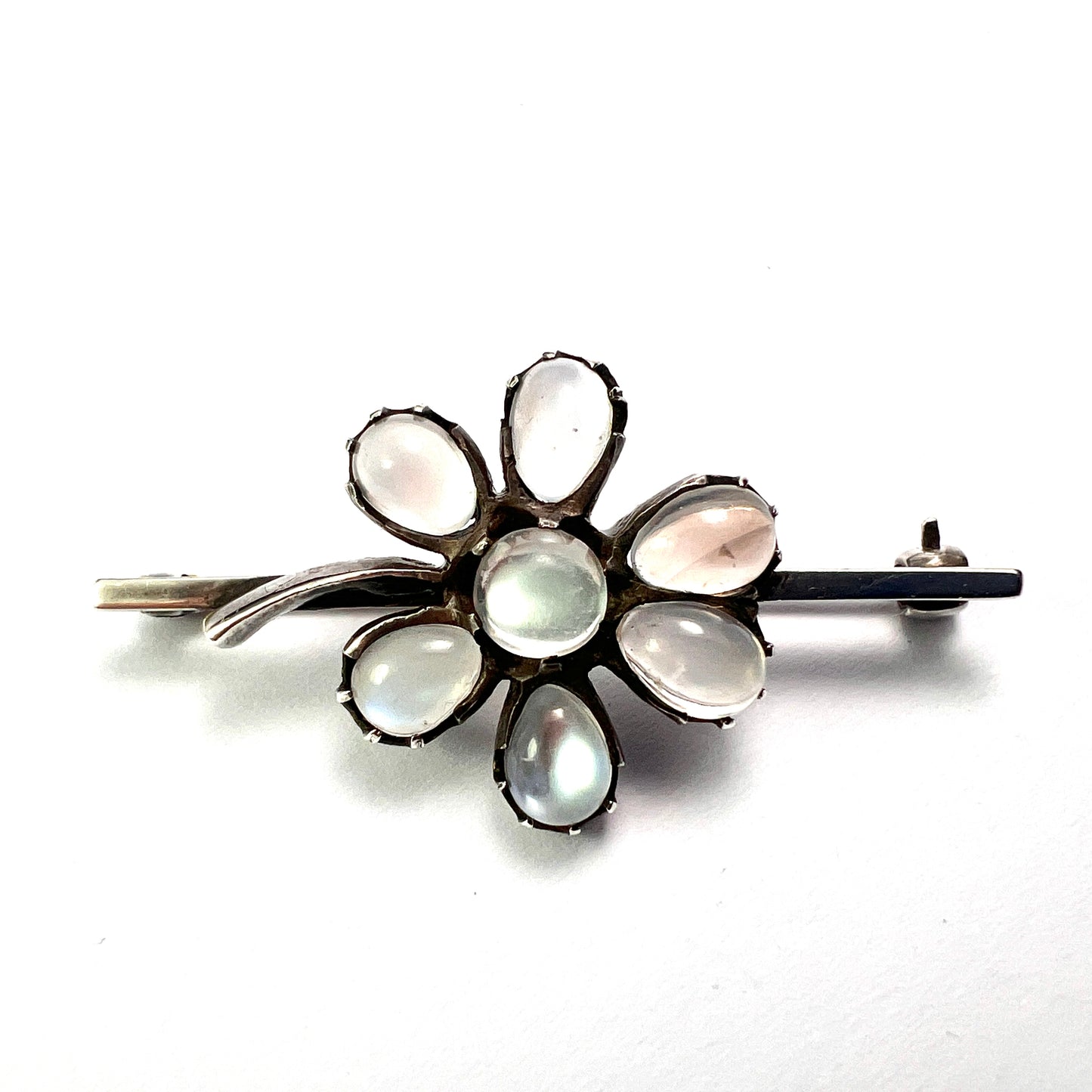 Antique Moonstone Silver Flower Brooch