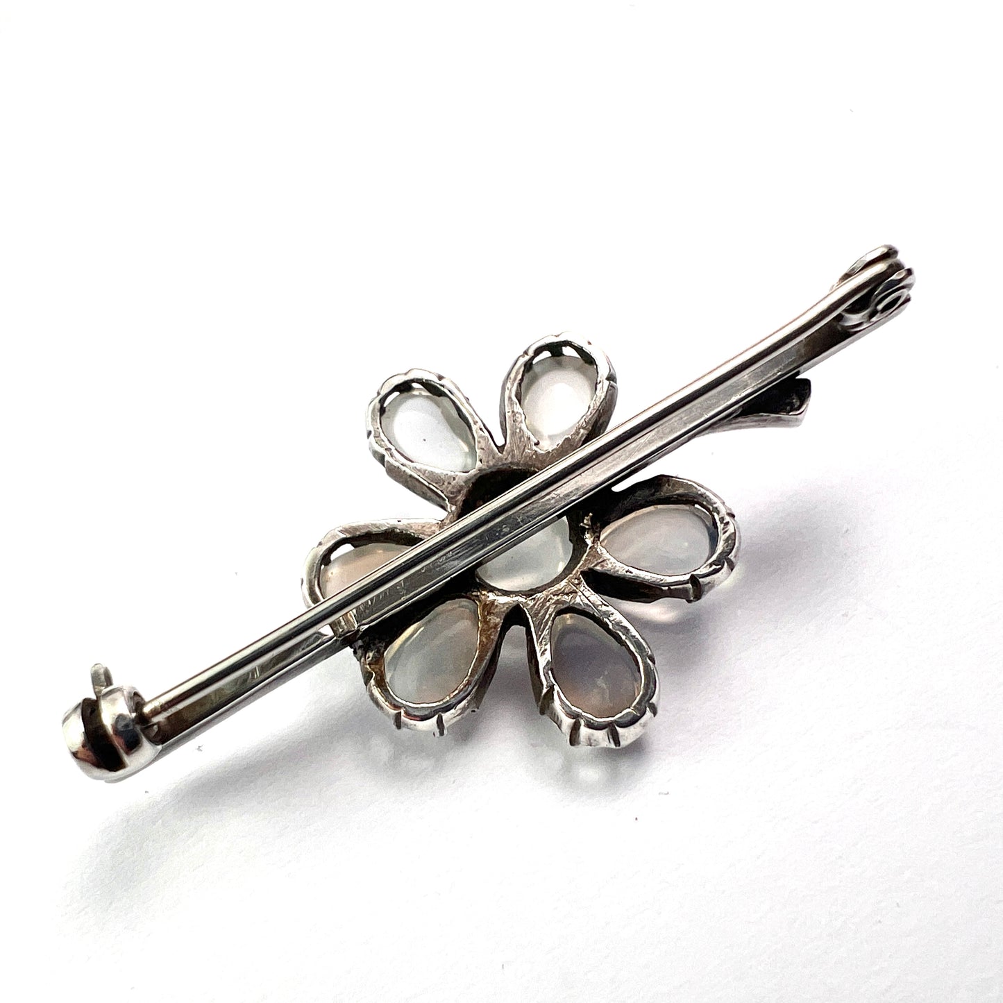Antique Moonstone Silver Flower Brooch