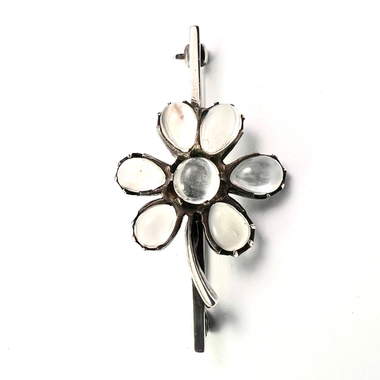 Antique Moonstone Silver Flower Brooch