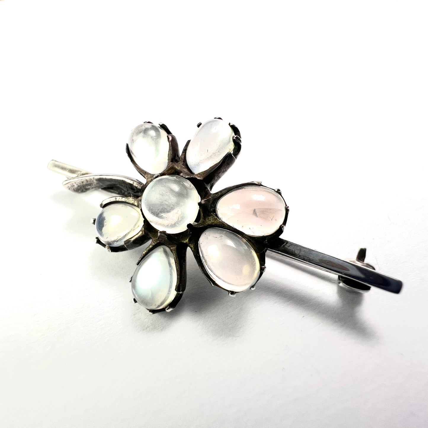 Antique Moonstone Silver Flower Brooch