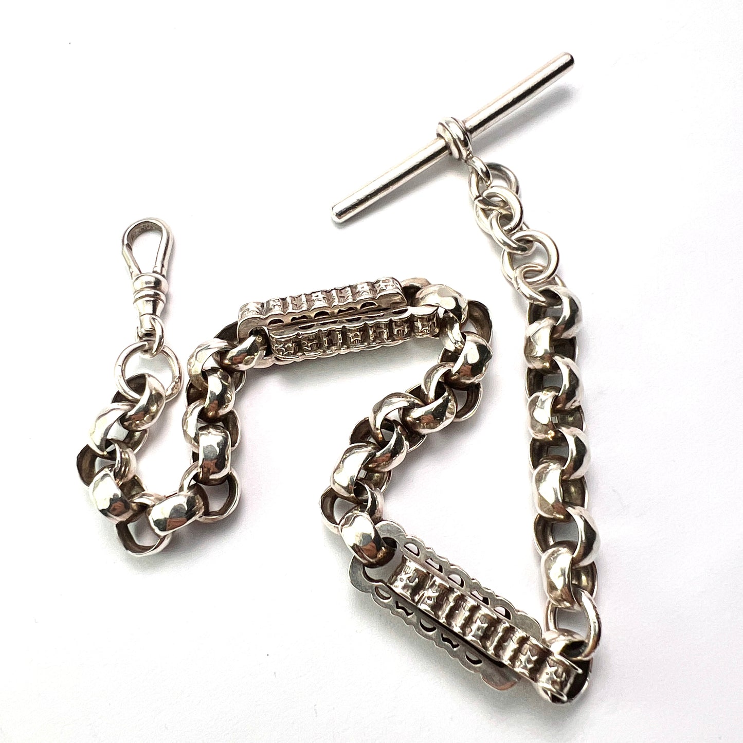 Antique Silver Watch Chain Bracelet with Albert Dog Clip and T Bar