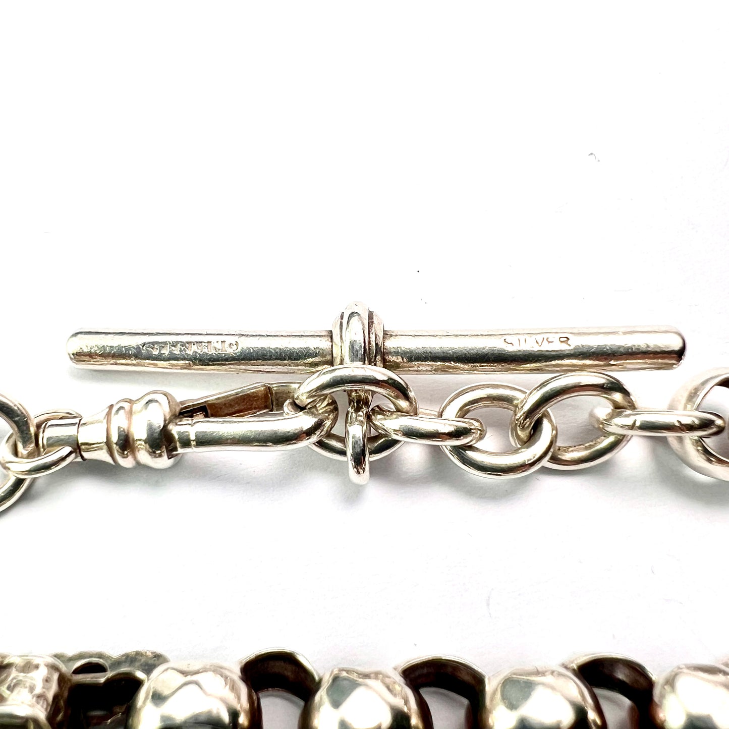 Antique Silver Watch Chain Bracelet with Albert Dog Clip and T Bar