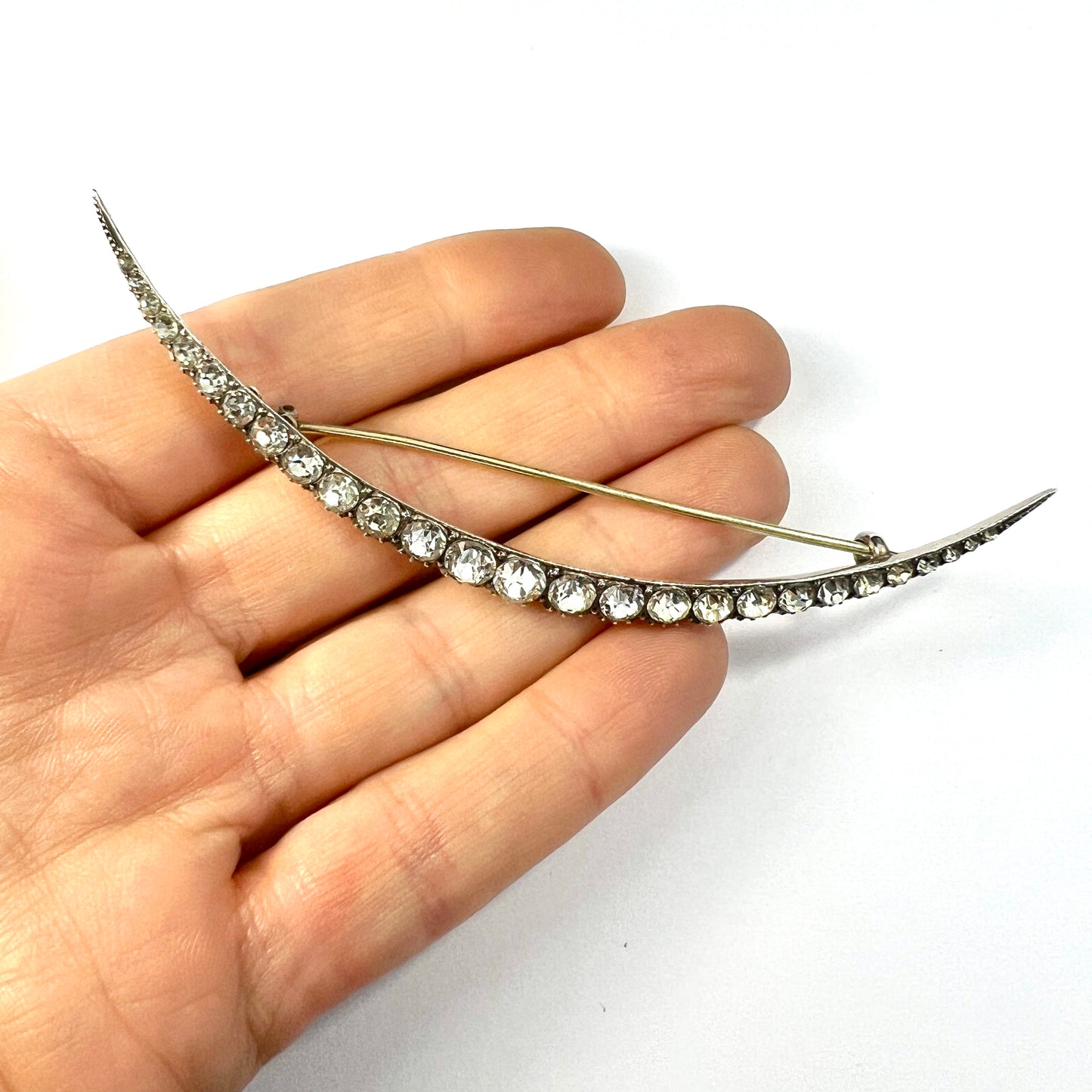 Large Victorian Silver Paste Crescent Brooch