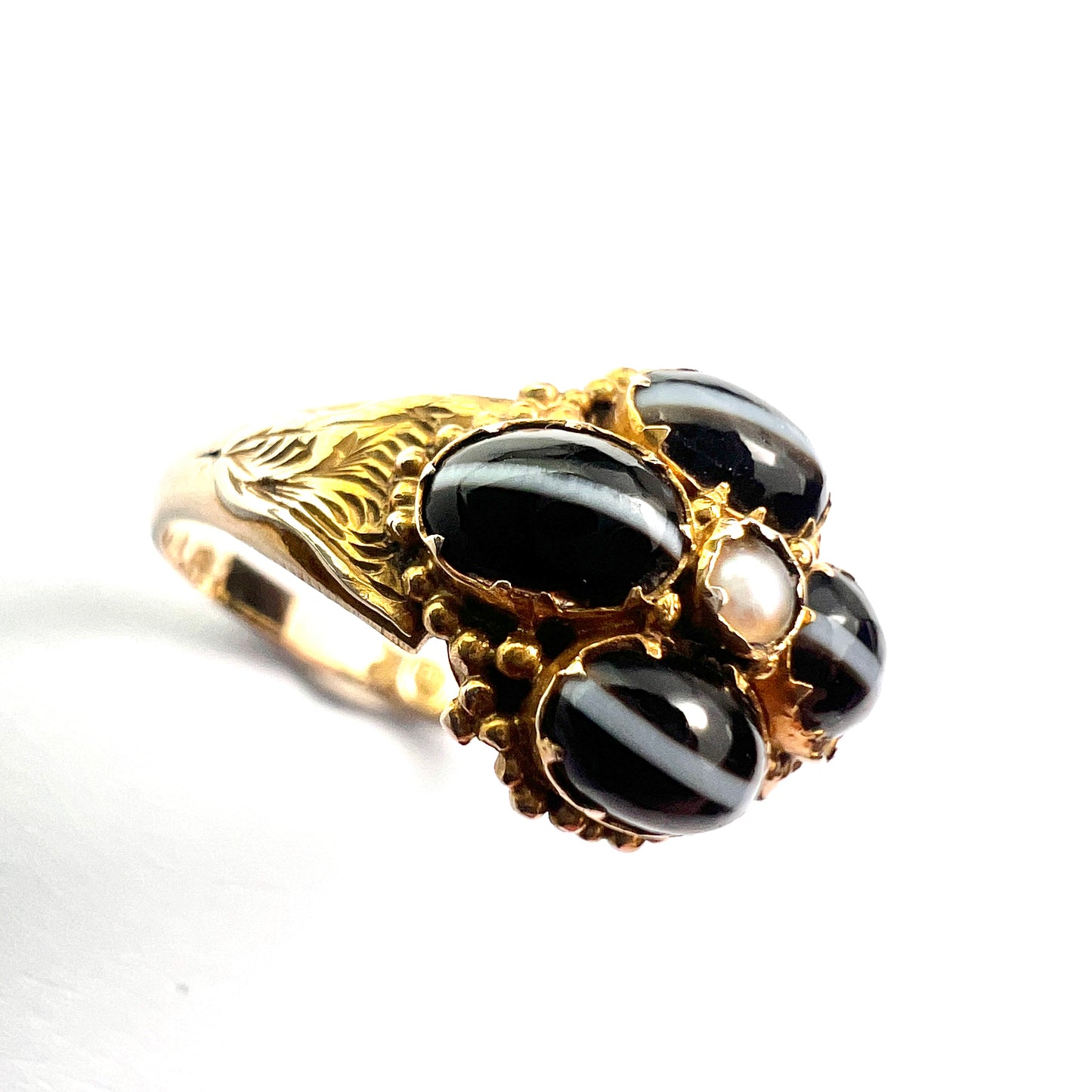 Georgian/Victorian Banded Agate Pearl Cross Ring