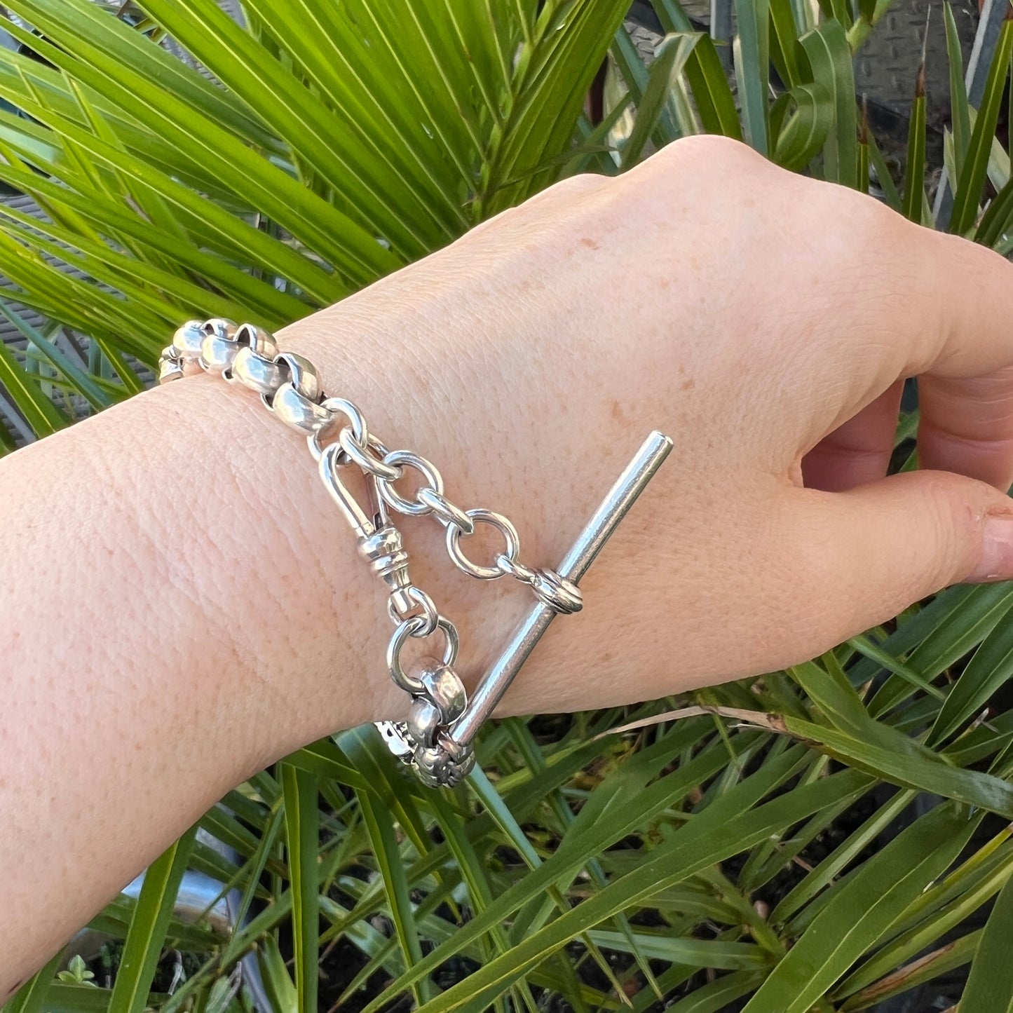 Antique Silver Watch Chain Bracelet with Albert Dog Clip and T Bar