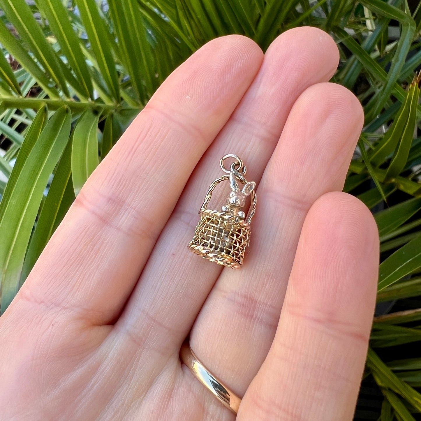 Vintage 9CT Gold and Silver Bunny in a Basket Charm Pendant