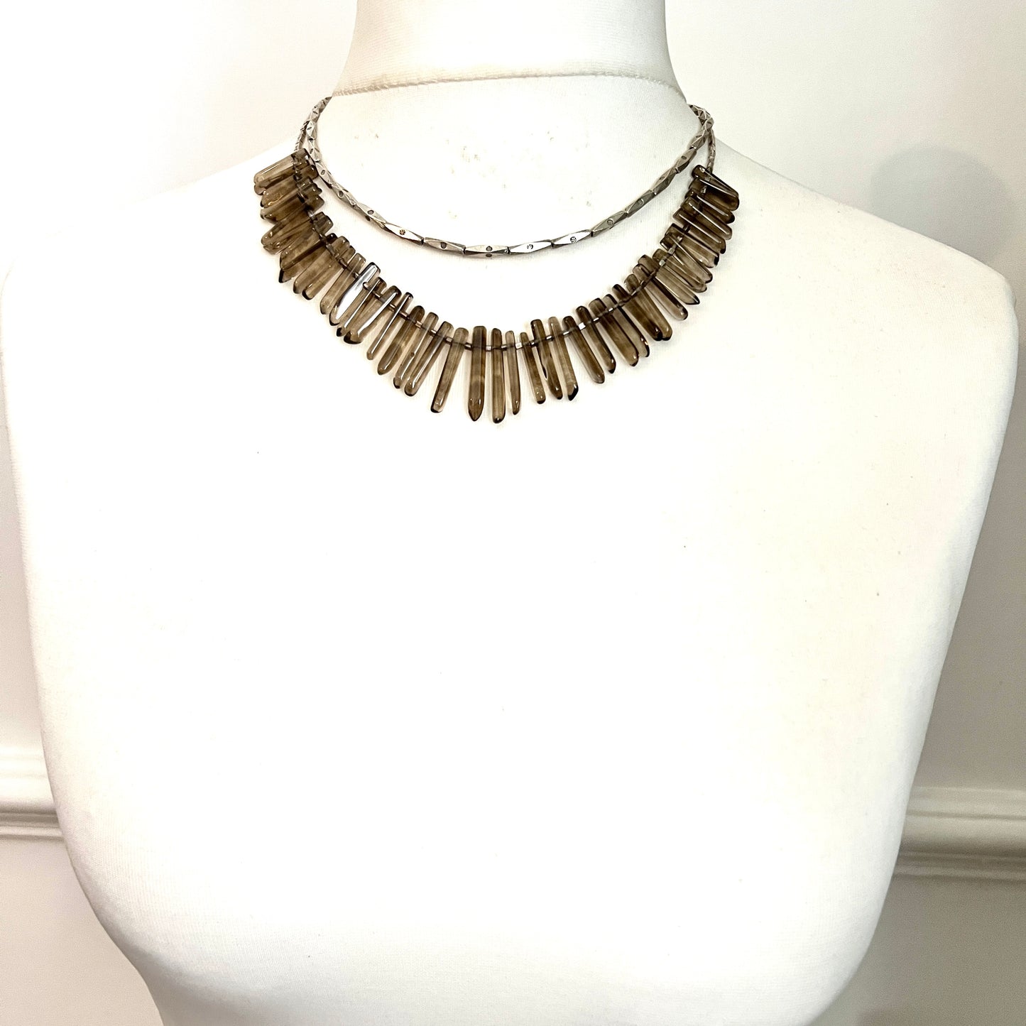 Vintage Silver Smoky Quartz Wand Fringe Necklace