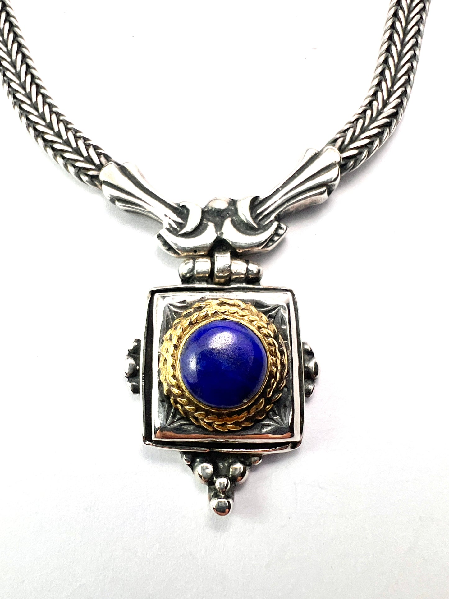 Vintage Silver and Gold Lapis Lazuli Herringbone Necklace