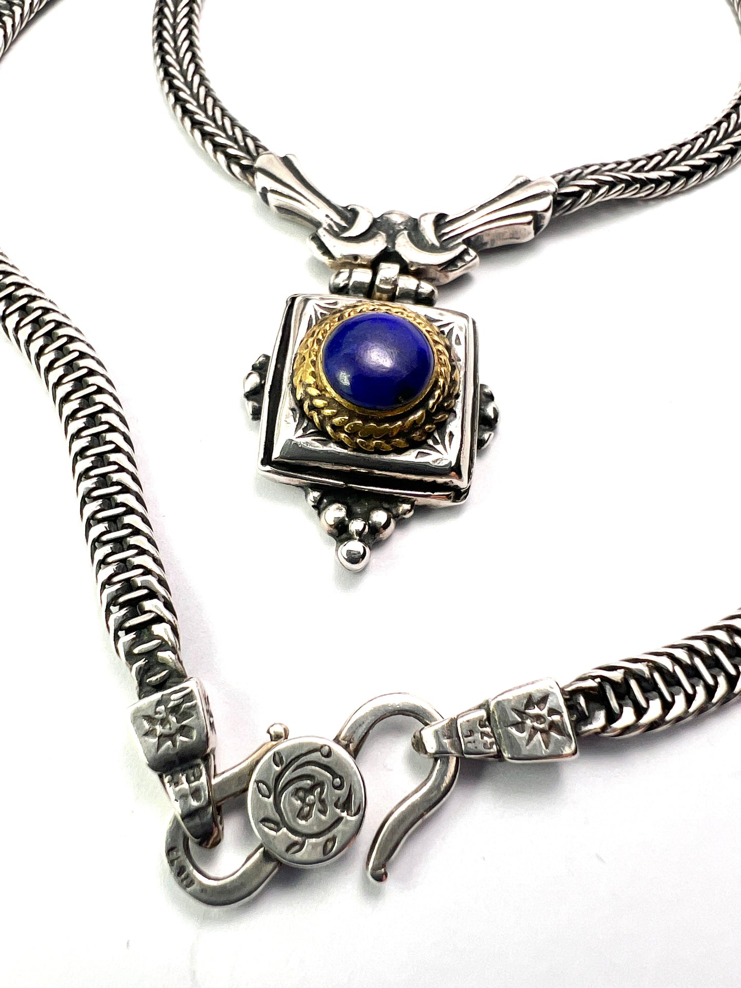 Vintage Silver and Gold Lapis Lazuli Herringbone Necklace
