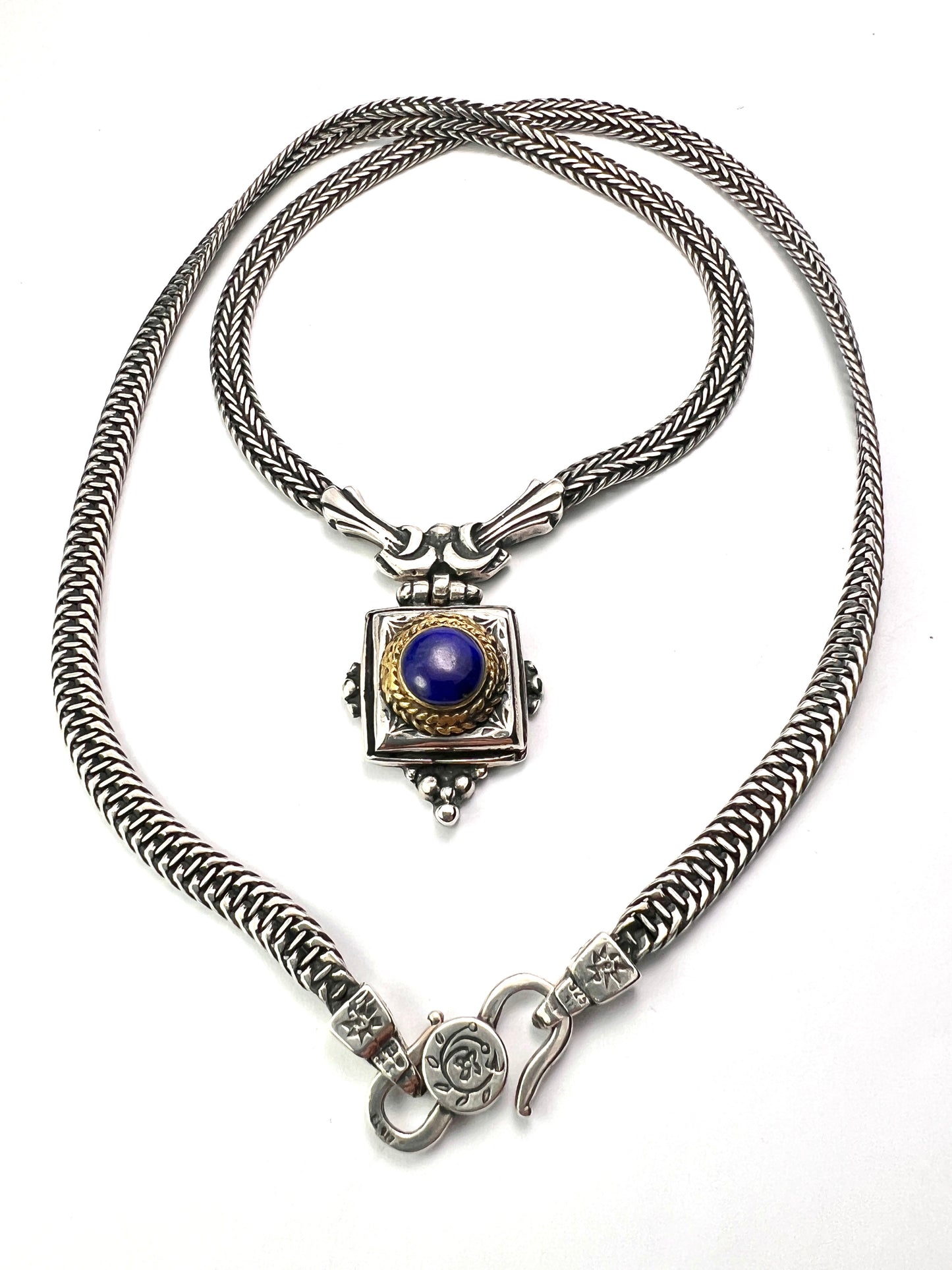 Vintage Silver and Gold Lapis Lazuli Herringbone Necklace