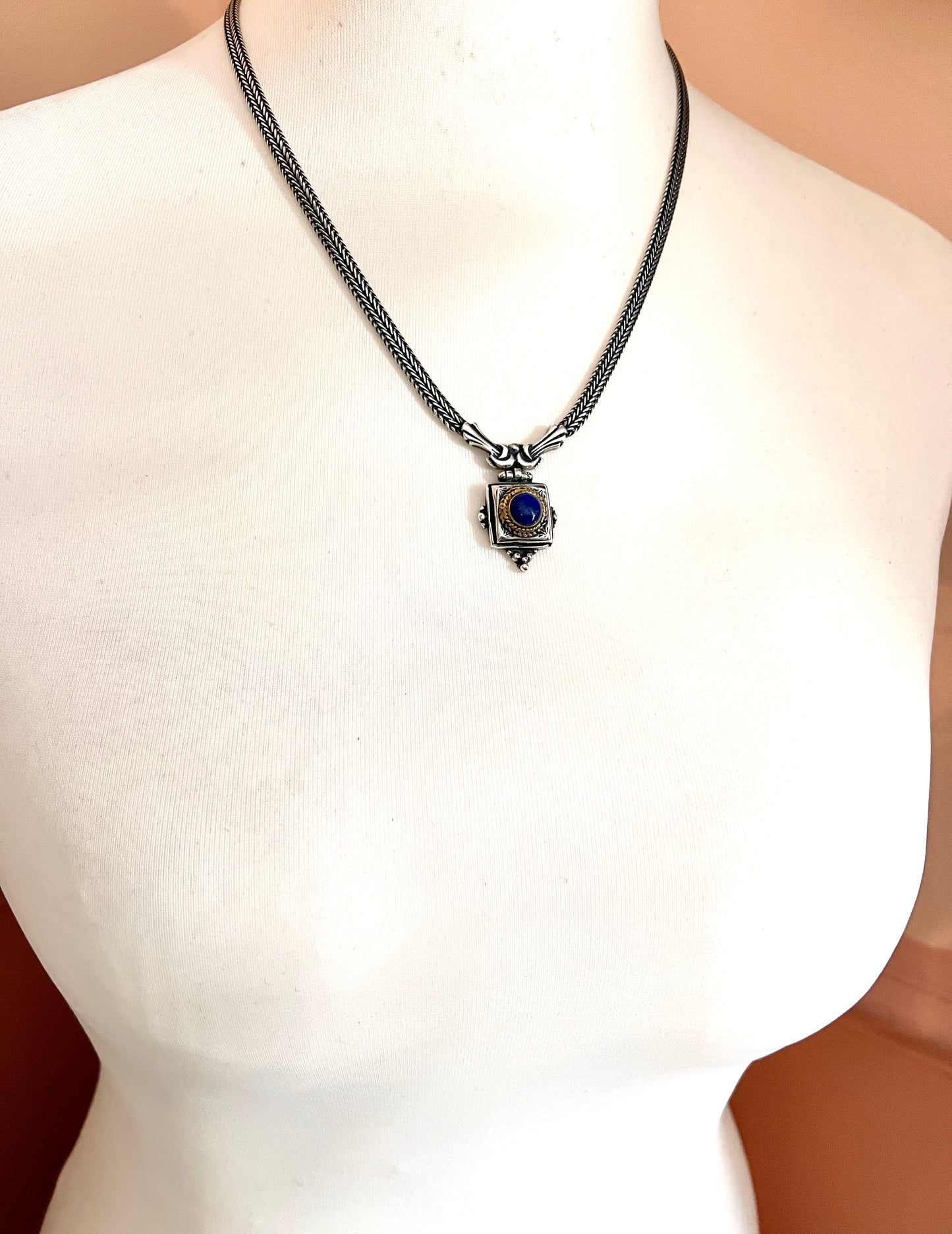 Vintage Silver and Gold Lapis Lazuli Herringbone Necklace