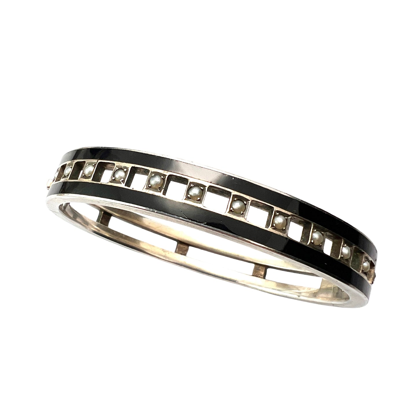 Austro-Hungarian Silver Enamel and Pearl Hinged Bangle