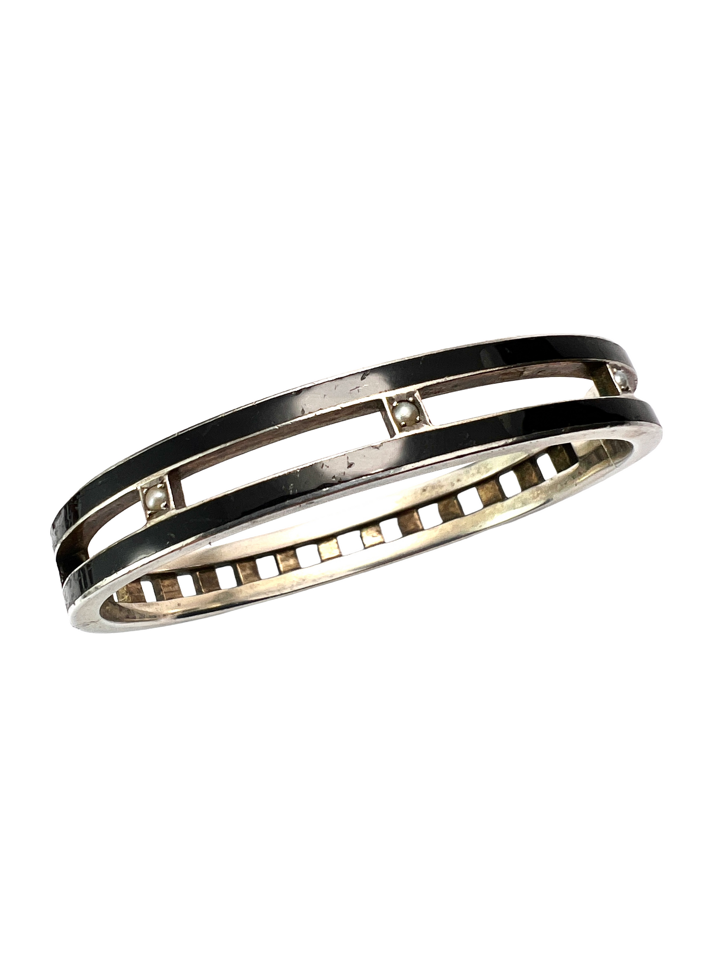 Austro-Hungarian Silver Enamel and Pearl Hinged Bangle