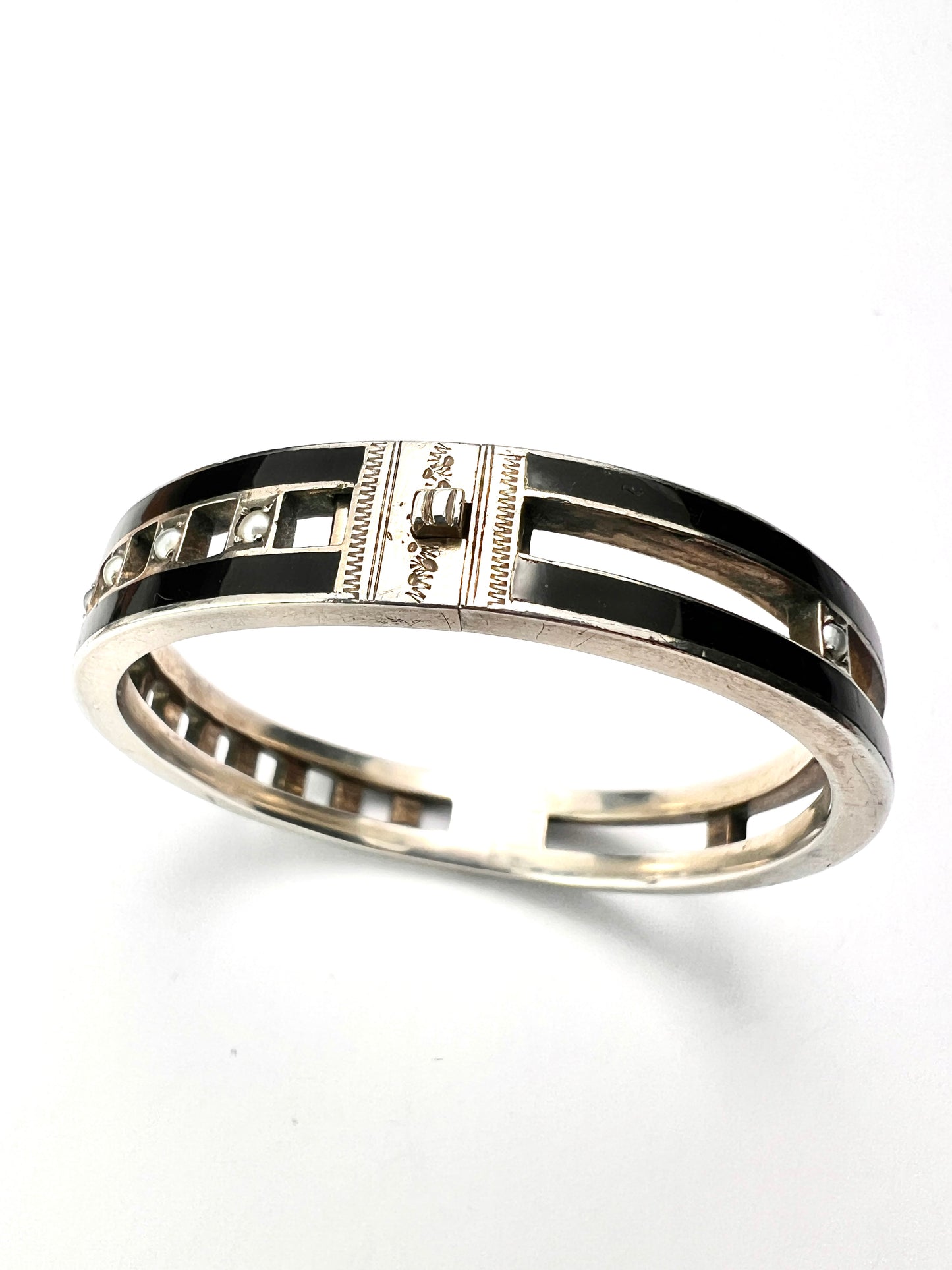 Austro-Hungarian Silver Enamel and Pearl Hinged Bangle