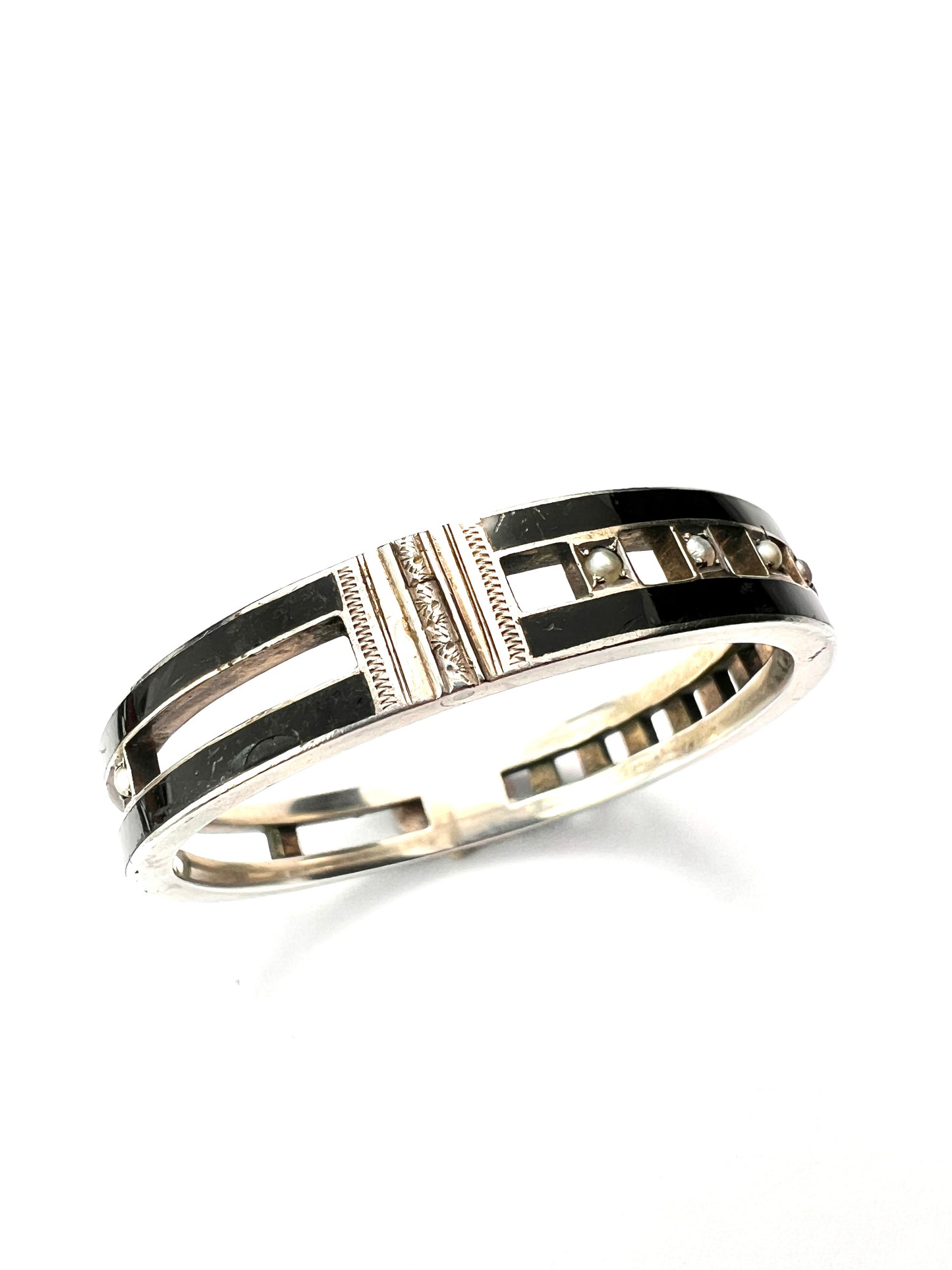 Austro-Hungarian Silver Enamel and Pearl Hinged Bangle