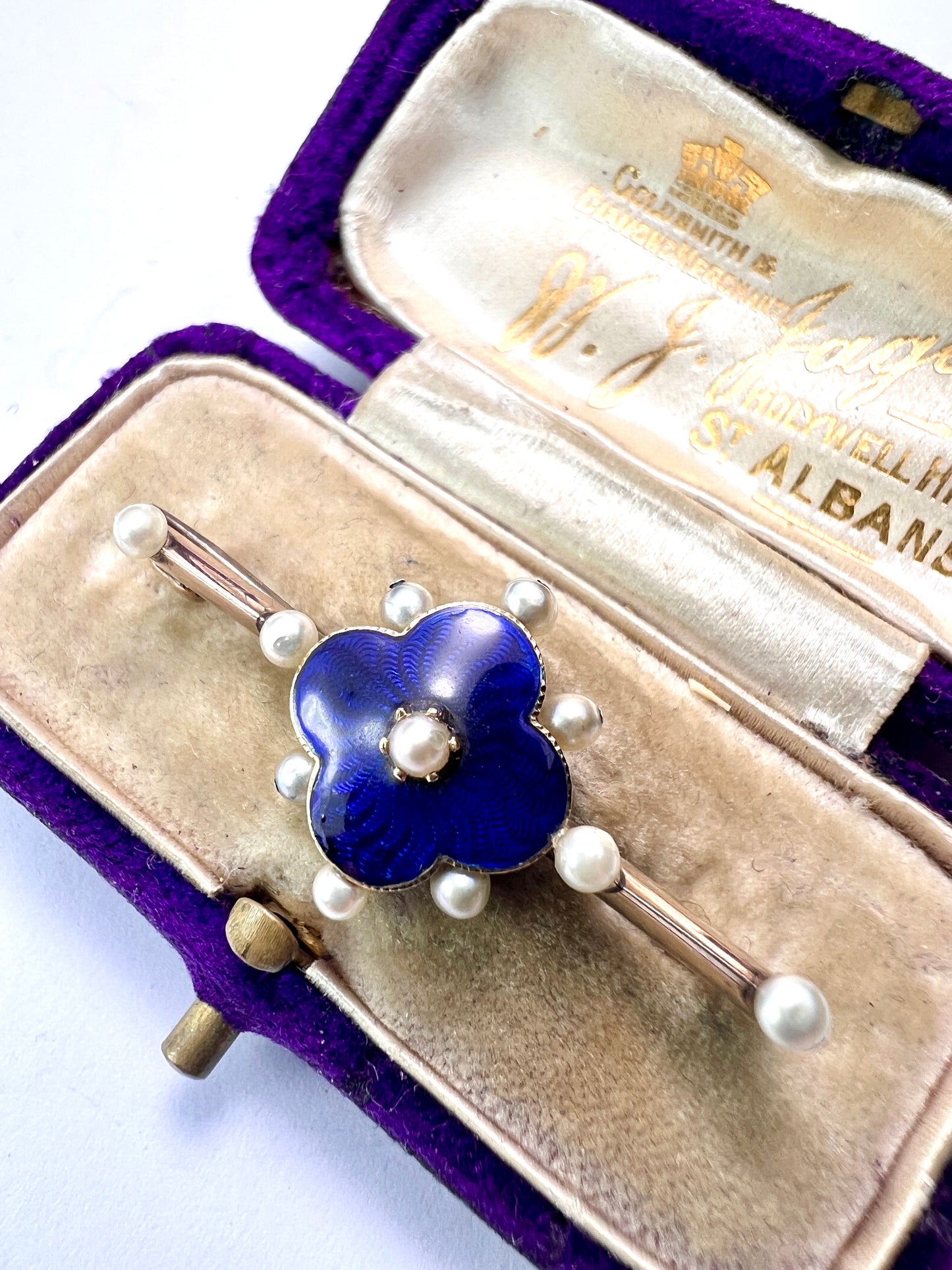 Edwardian Gold and Silver Blue Enamel Pearl Brooch