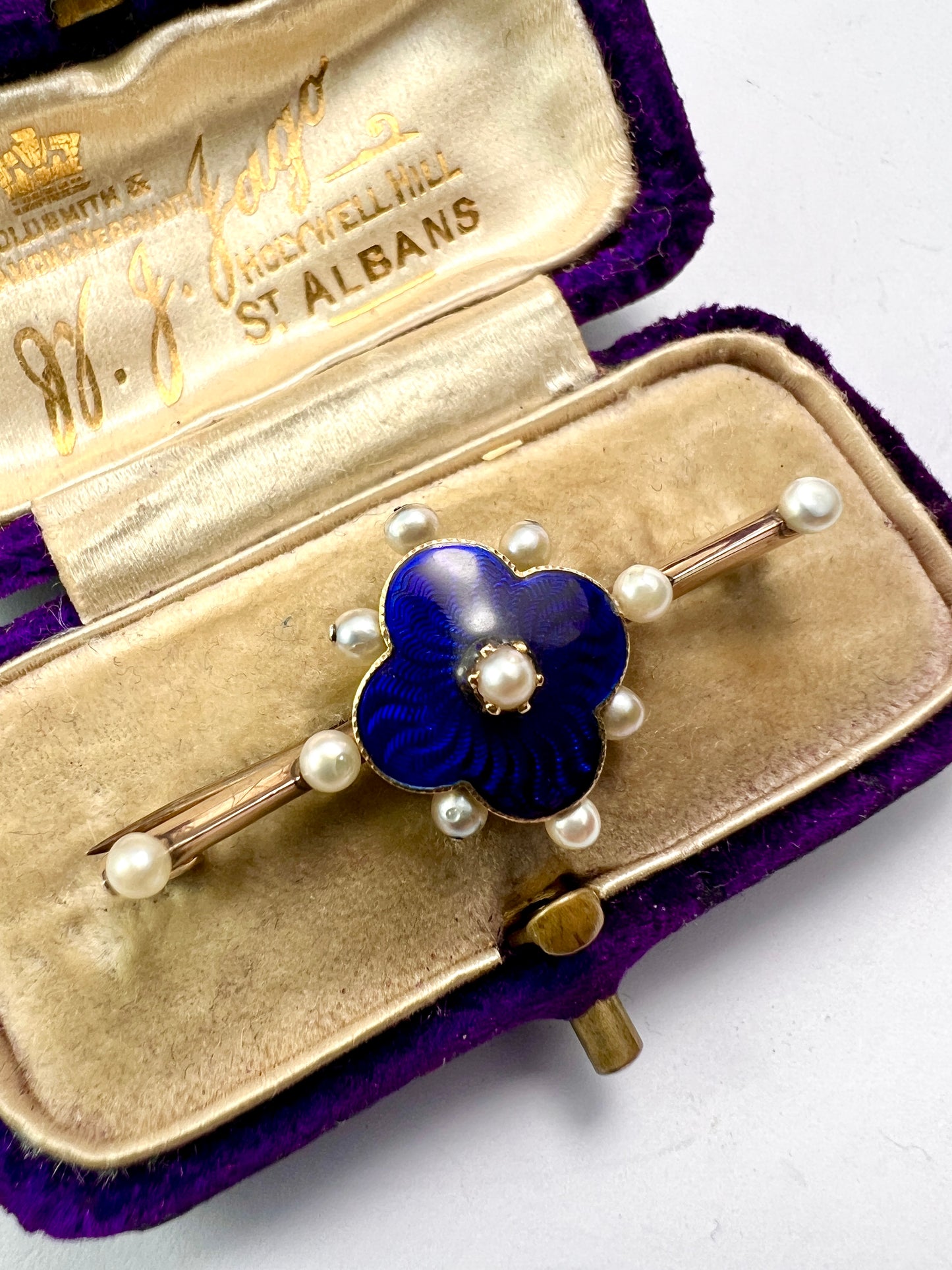 Edwardian Gold and Silver Blue Enamel Pearl Brooch