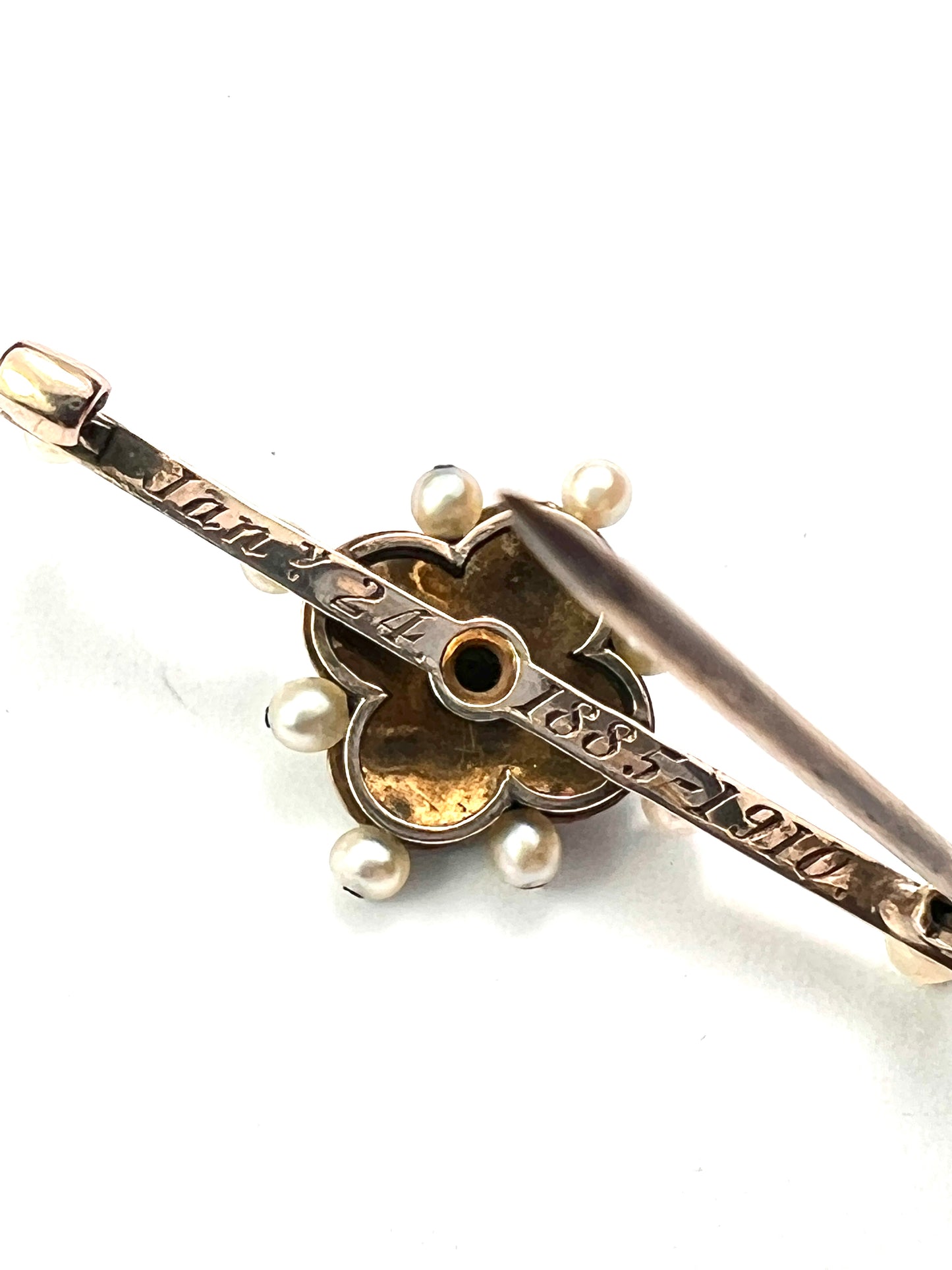 Edwardian Gold and Silver Blue Enamel Pearl Brooch