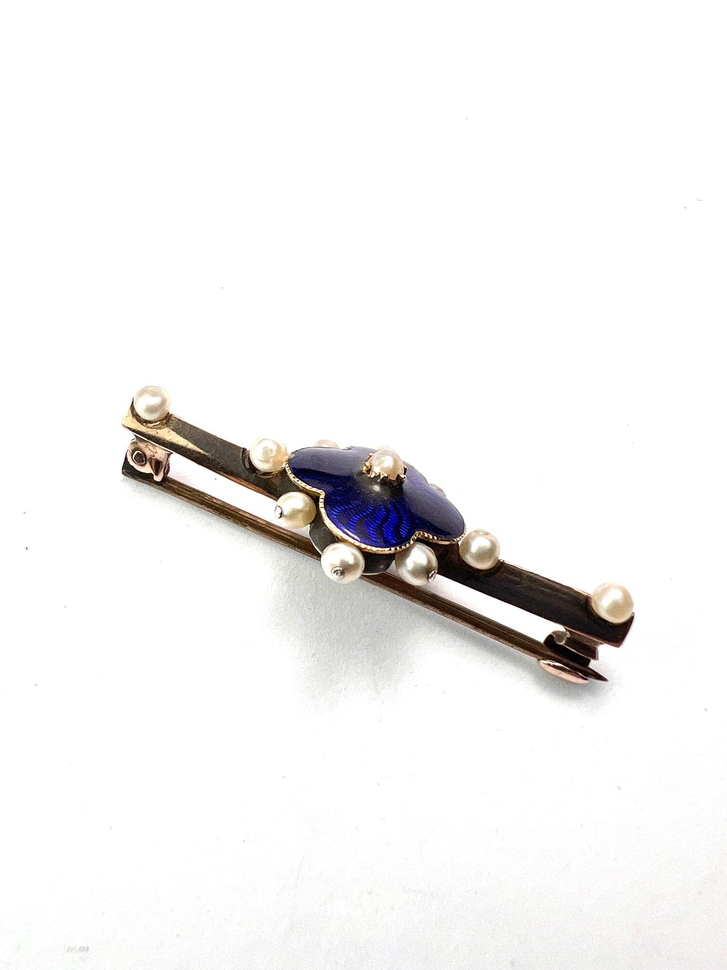 Edwardian Gold and Silver Blue Enamel Pearl Brooch
