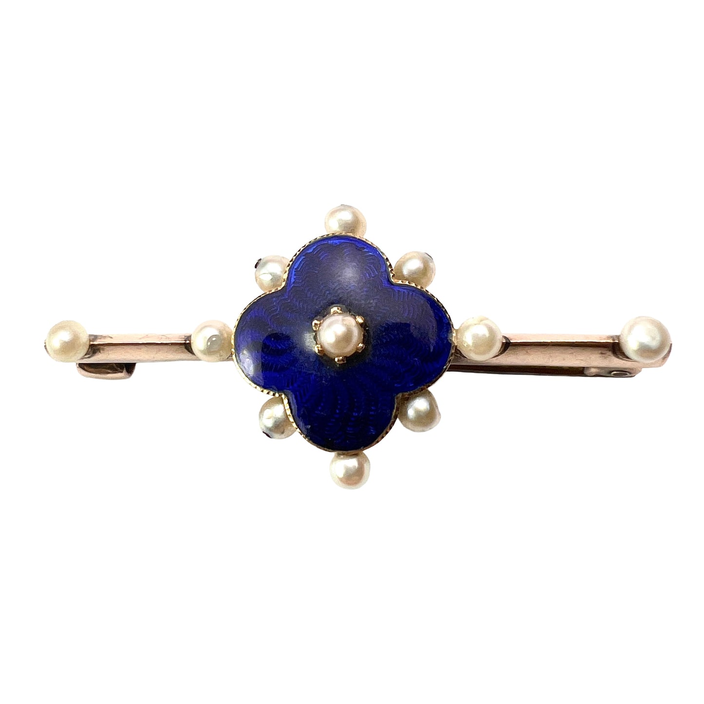 Edwardian Gold and Silver Blue Enamel Pearl Brooch
