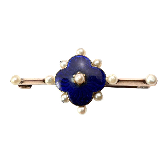 Edwardian Gold and Silver Blue Enamel Pearl Brooch