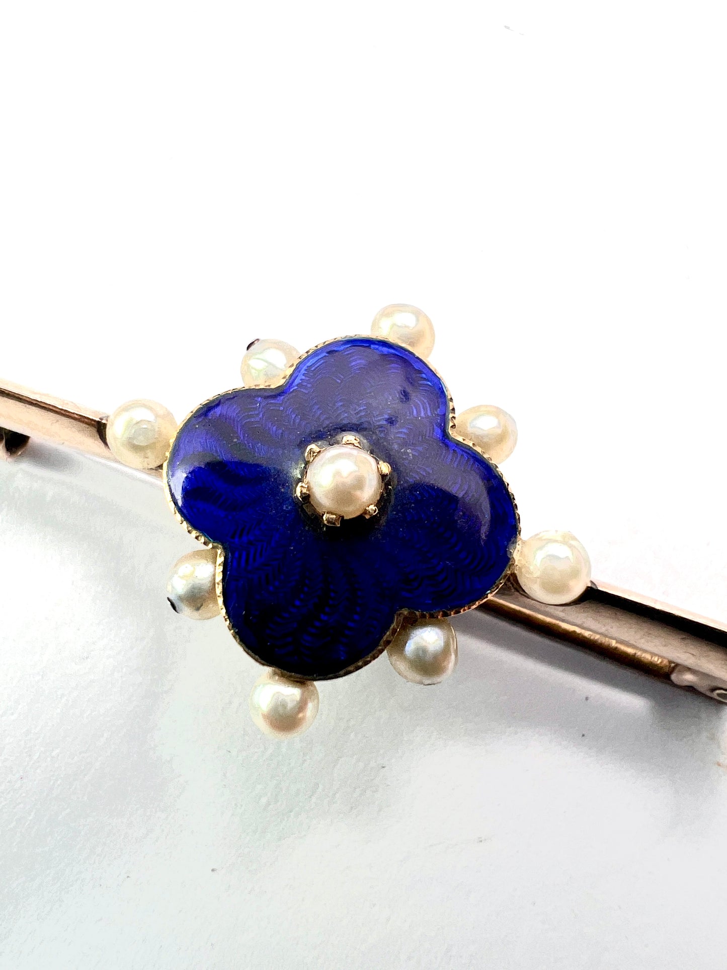 Edwardian Gold and Silver Blue Enamel Pearl Brooch