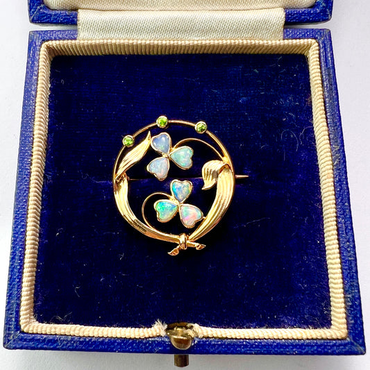Edwardian Art Nouveau 15CT Gold Opal and Demantoid Garnet Clover Brooch