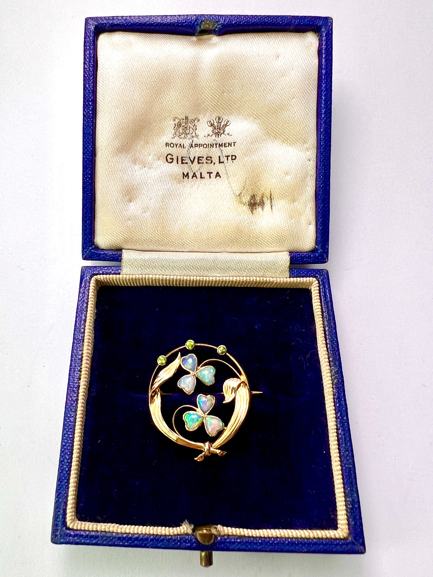 Edwardian Art Nouveau 15CT Gold Opal and Demantoid Garnet Clover Brooch