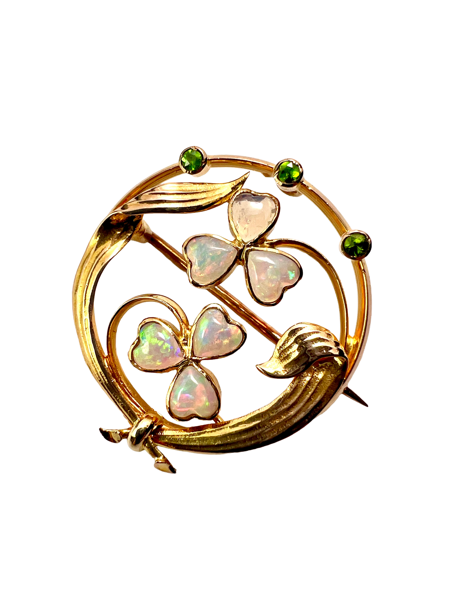 Edwardian Art Nouveau 15CT Gold Opal and Demantoid Garnet Clover Brooch