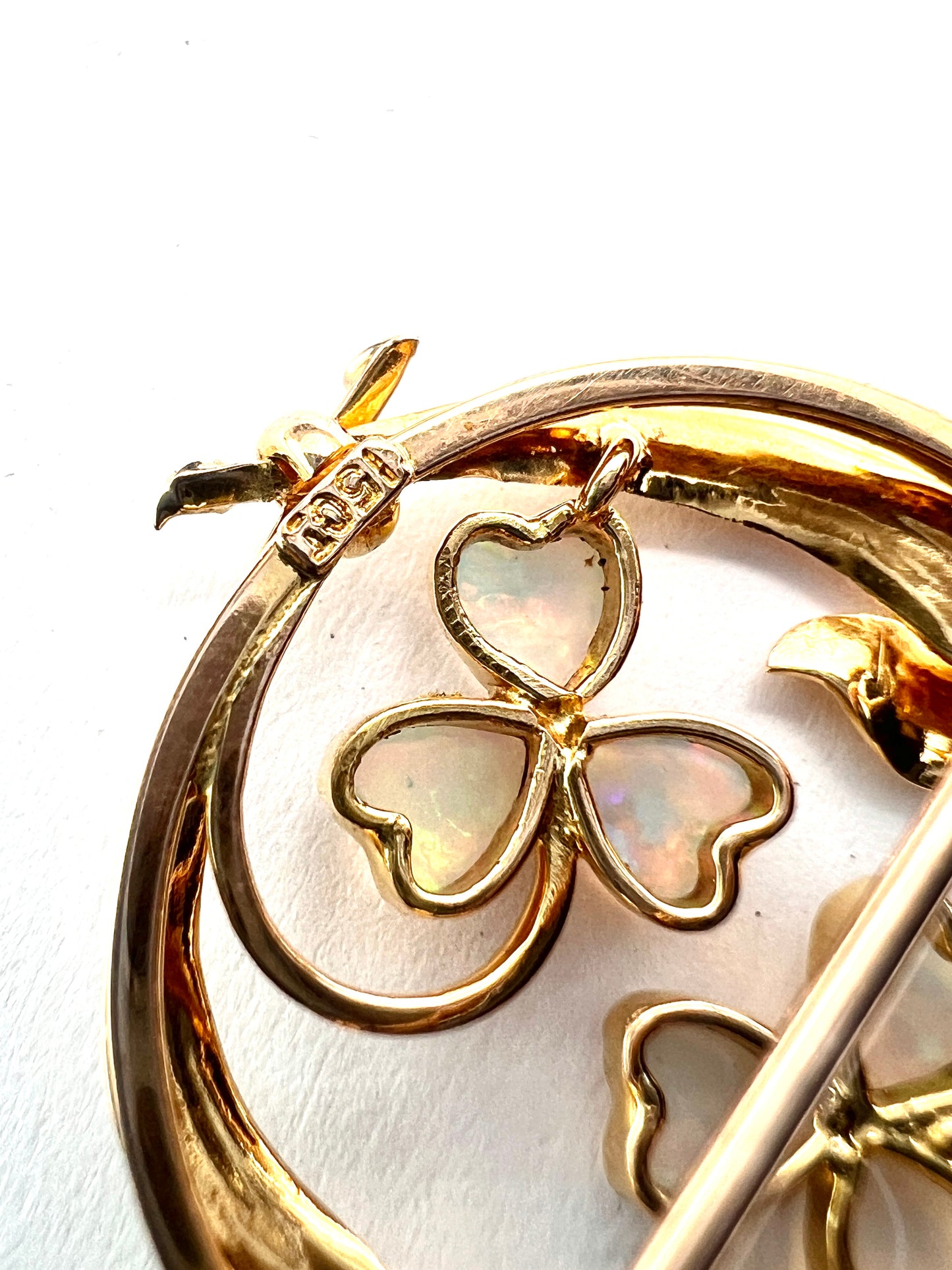 Edwardian Art Nouveau 15CT Gold Opal and Demantoid Garnet Clover Brooch