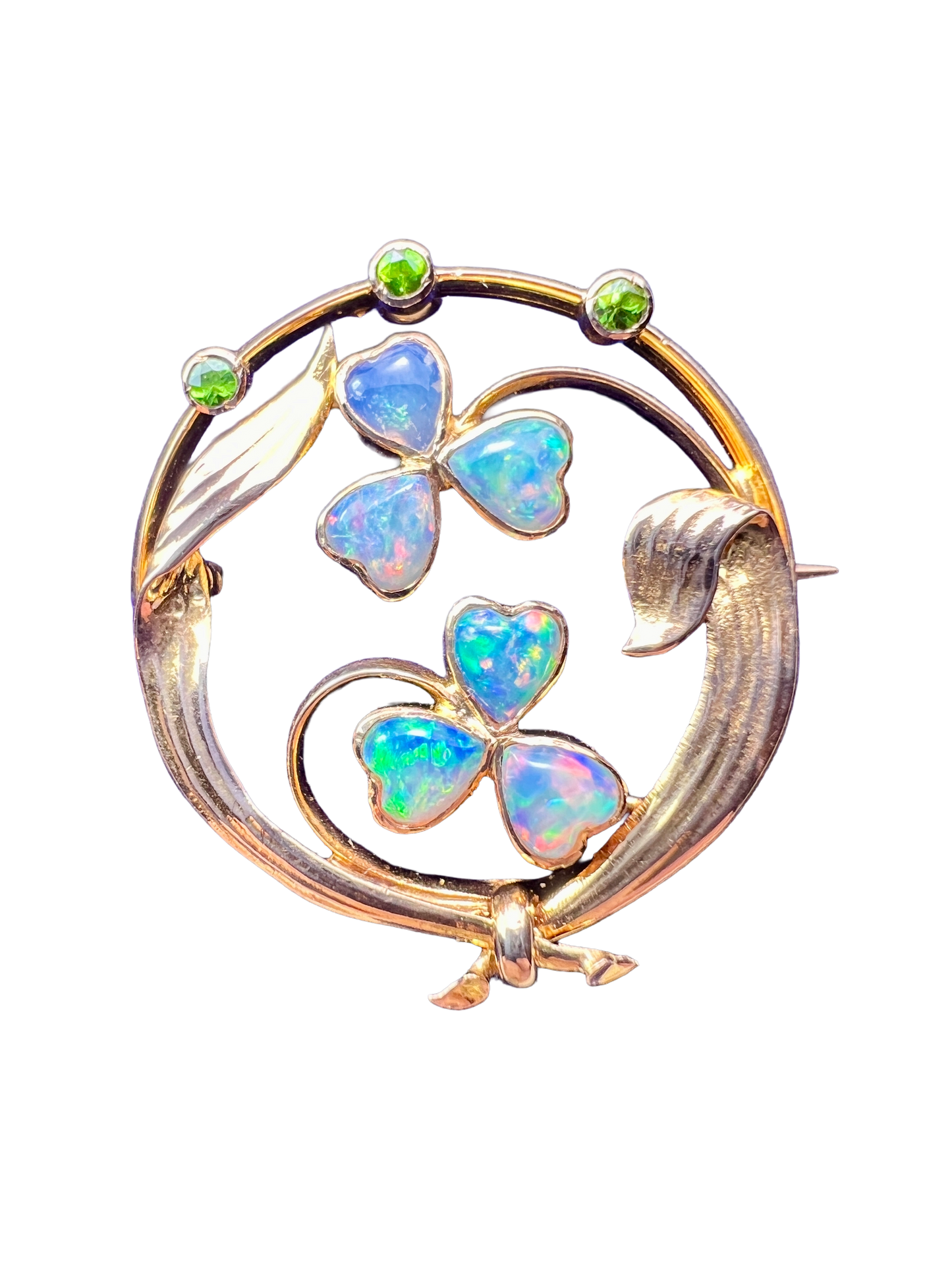 Edwardian Art Nouveau 15CT Gold Opal and Demantoid Garnet Clover Brooch