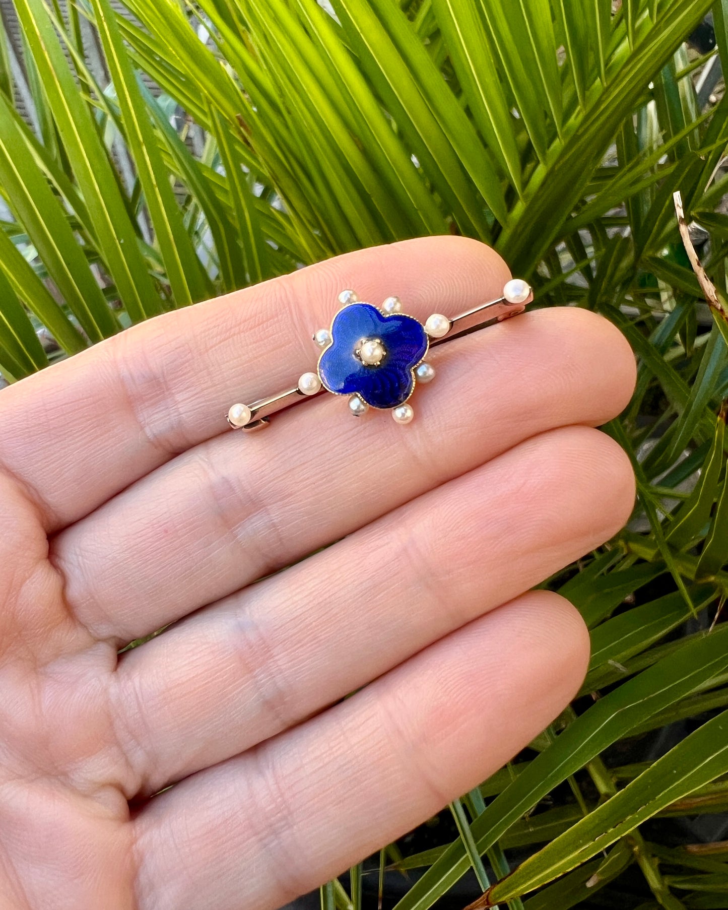 Edwardian Gold and Silver Blue Enamel Pearl Brooch