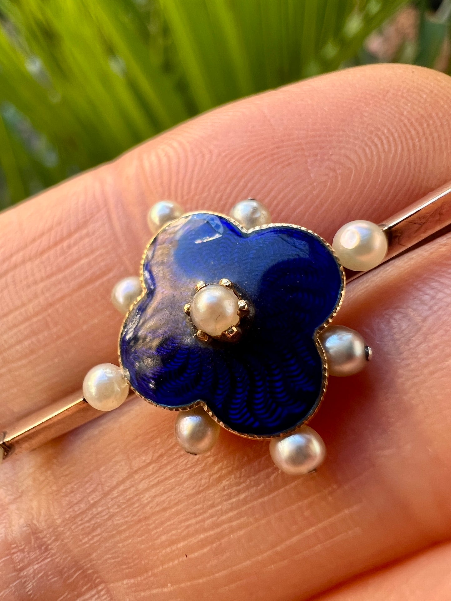 Edwardian Gold and Silver Blue Enamel Pearl Brooch