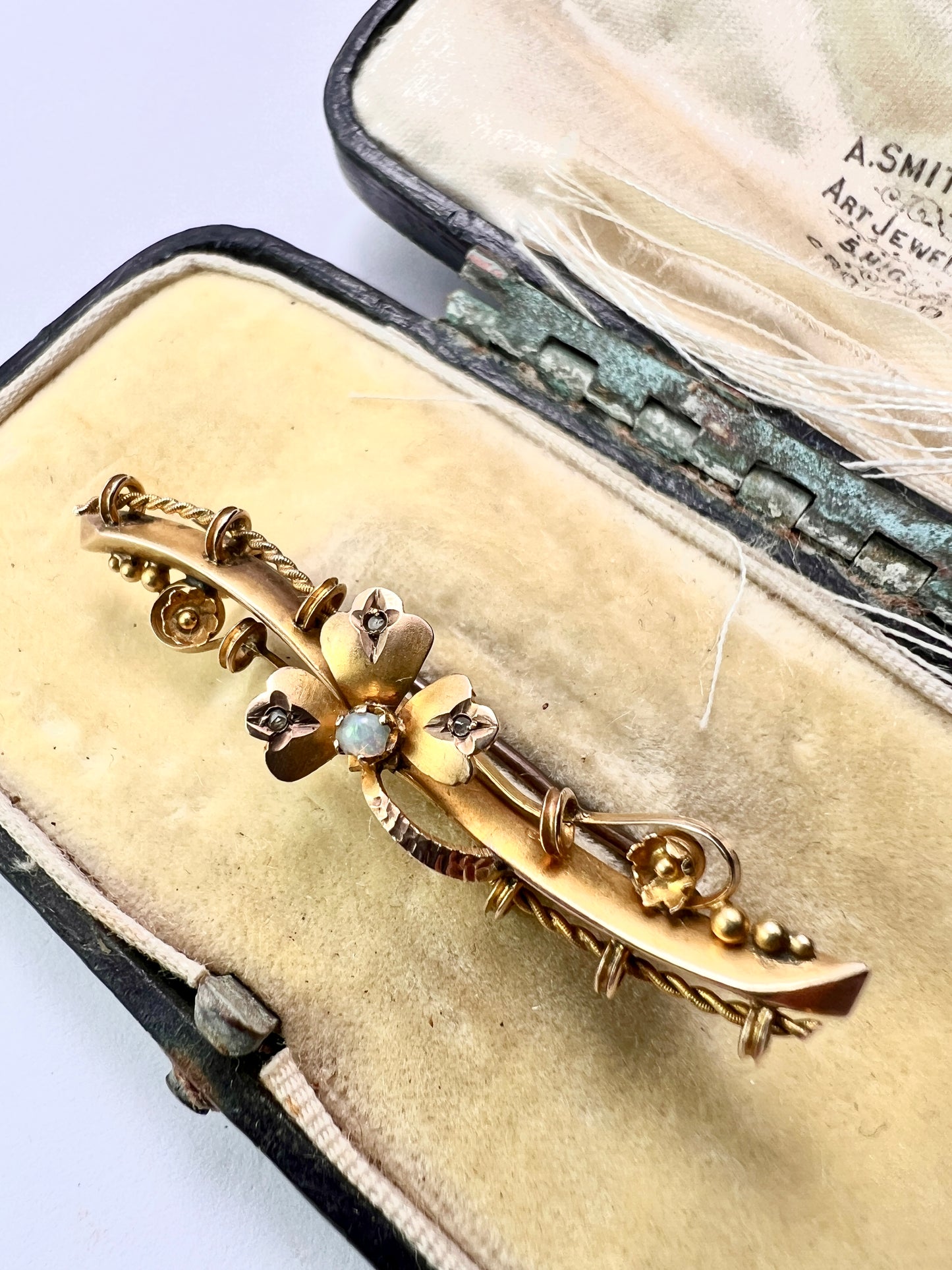 Boxed Victorian 9CT Gold Opal and Diamond Clover Brooch