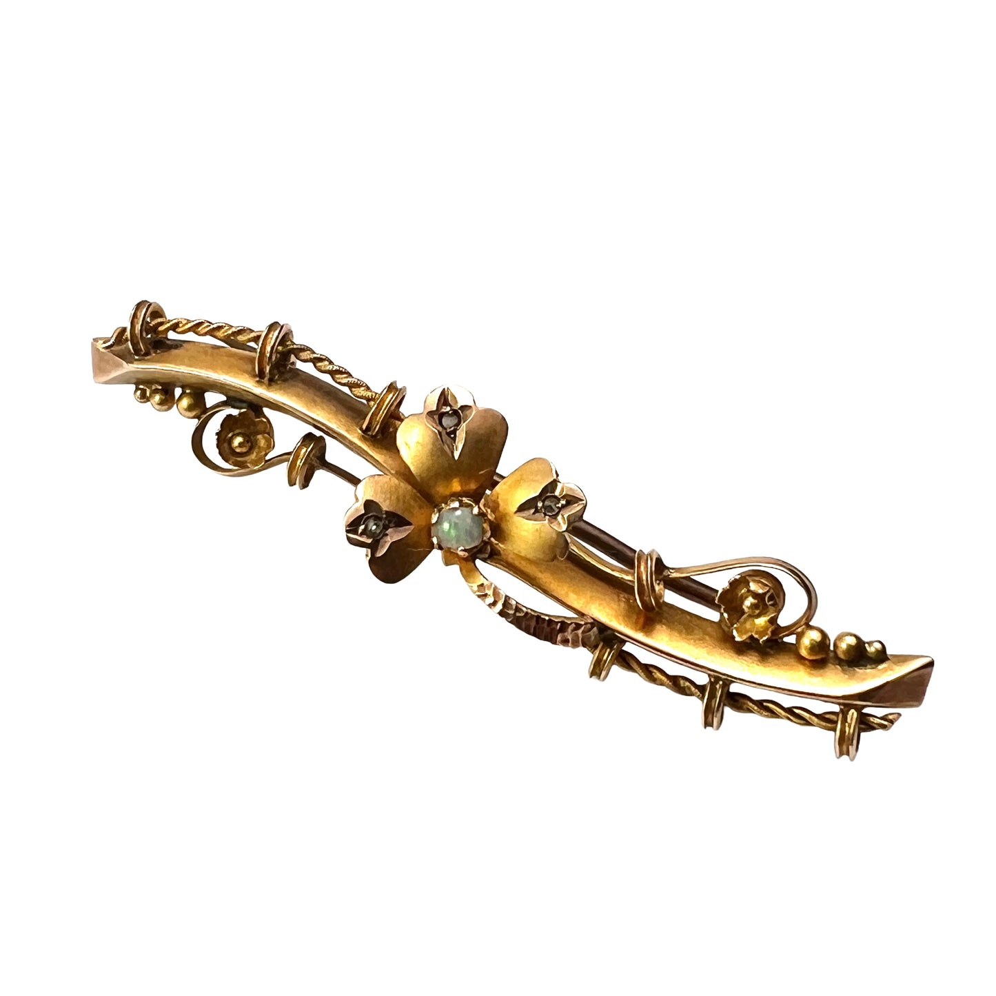 Boxed Victorian 9CT Gold Opal and Diamond Clover Brooch
