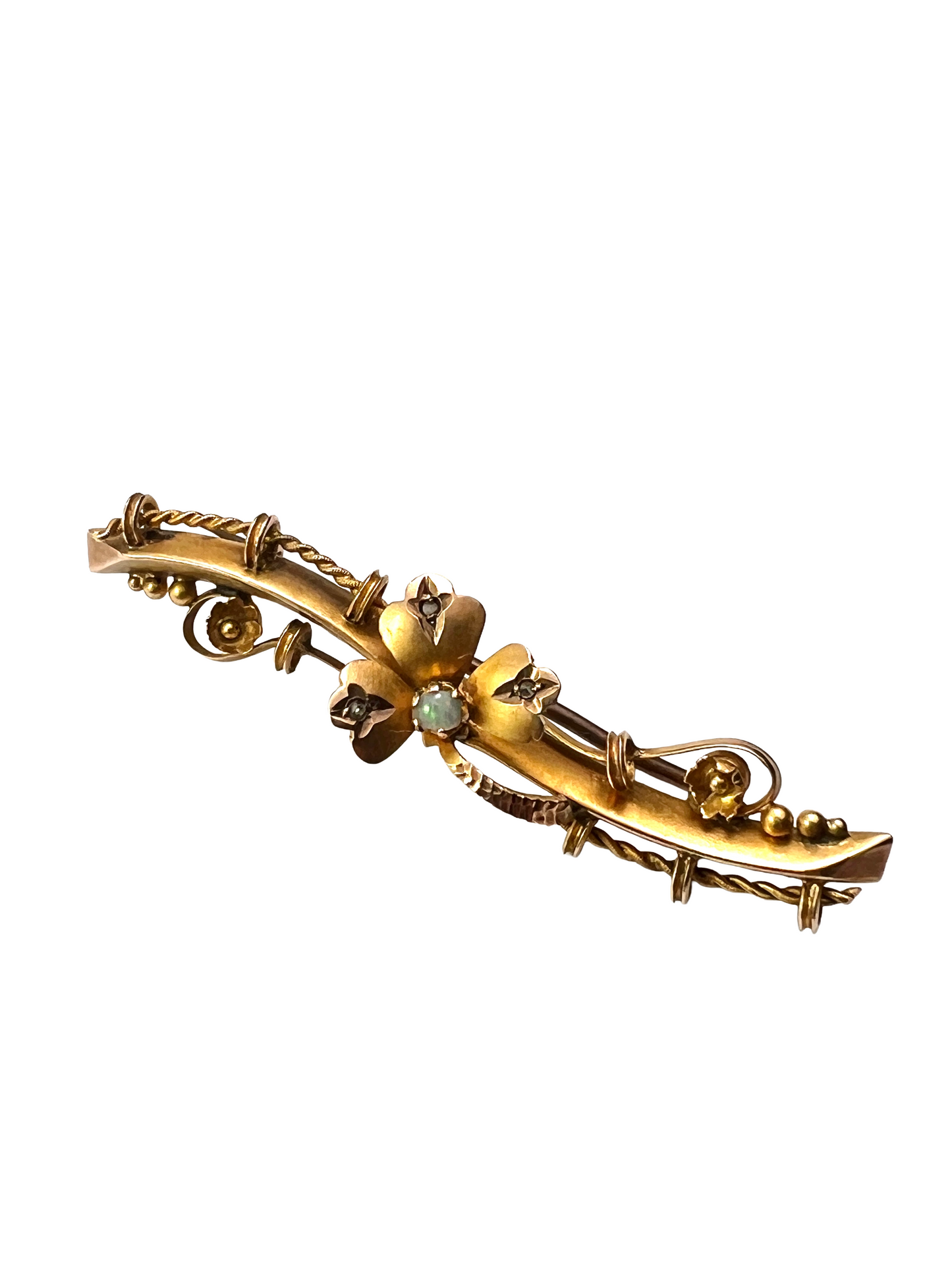 Boxed Victorian 9CT Gold Opal and Diamond Clover Brooch