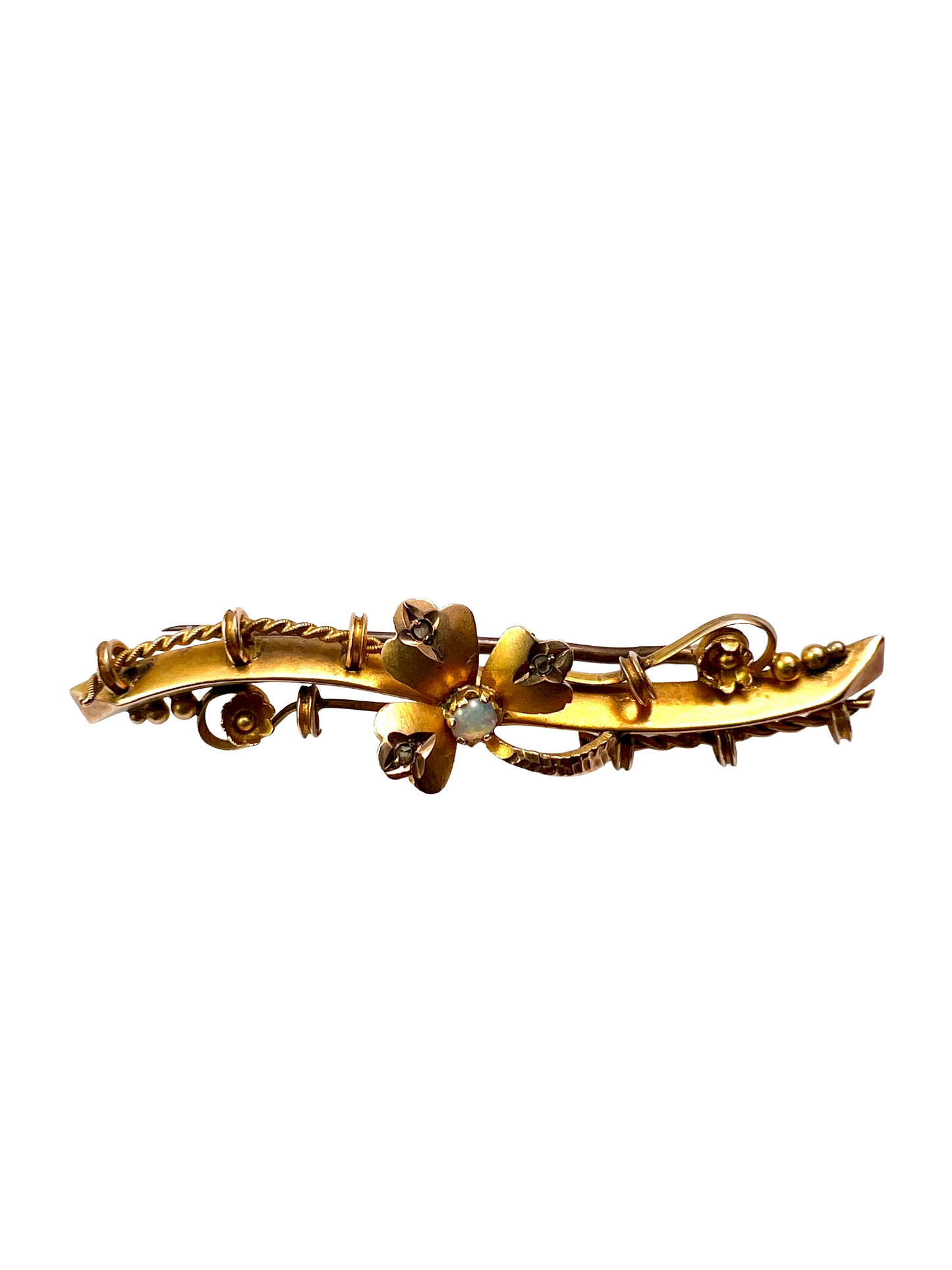 Boxed Victorian 9CT Gold Opal and Diamond Clover Brooch
