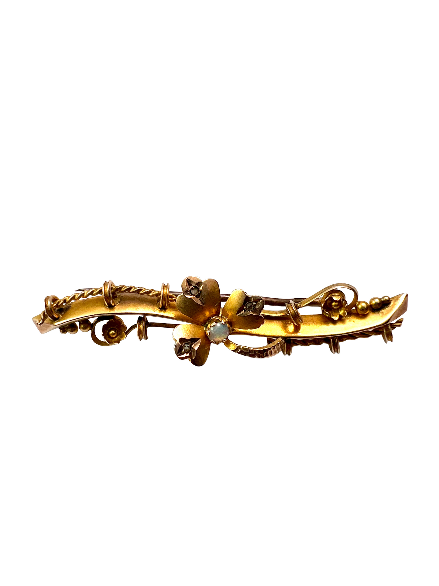 Boxed Victorian 9CT Gold Opal and Diamond Clover Brooch