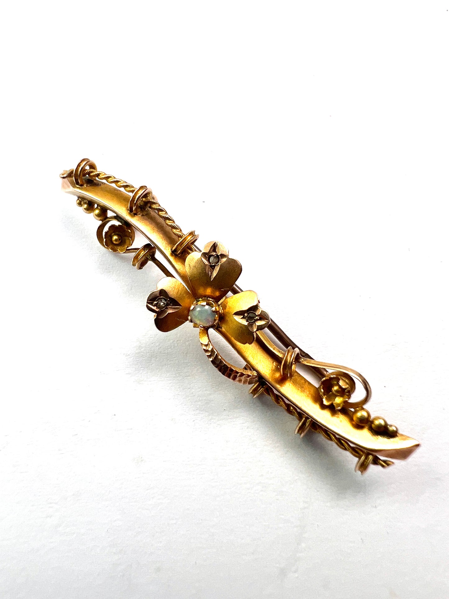 Boxed Victorian 9CT Gold Opal and Diamond Clover Brooch