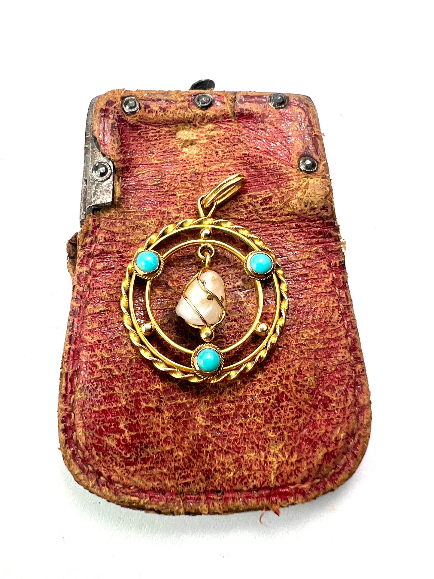 Edwardian Turquoise Pearl 15CT Gold Pendant Necklace